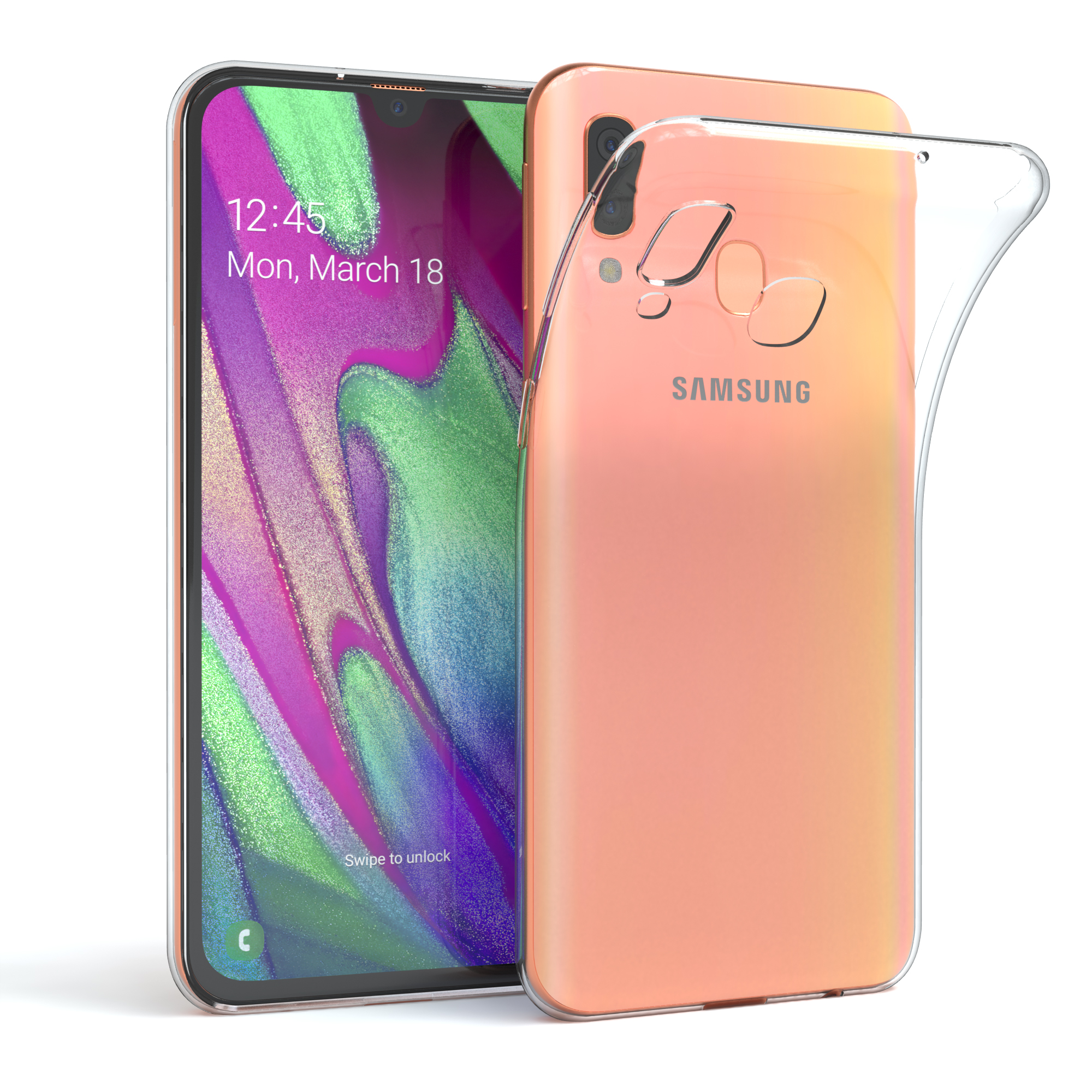 Ein Smartphone mit klarer Hülle und Displayschutzfolie. Weißer Hintergrund.