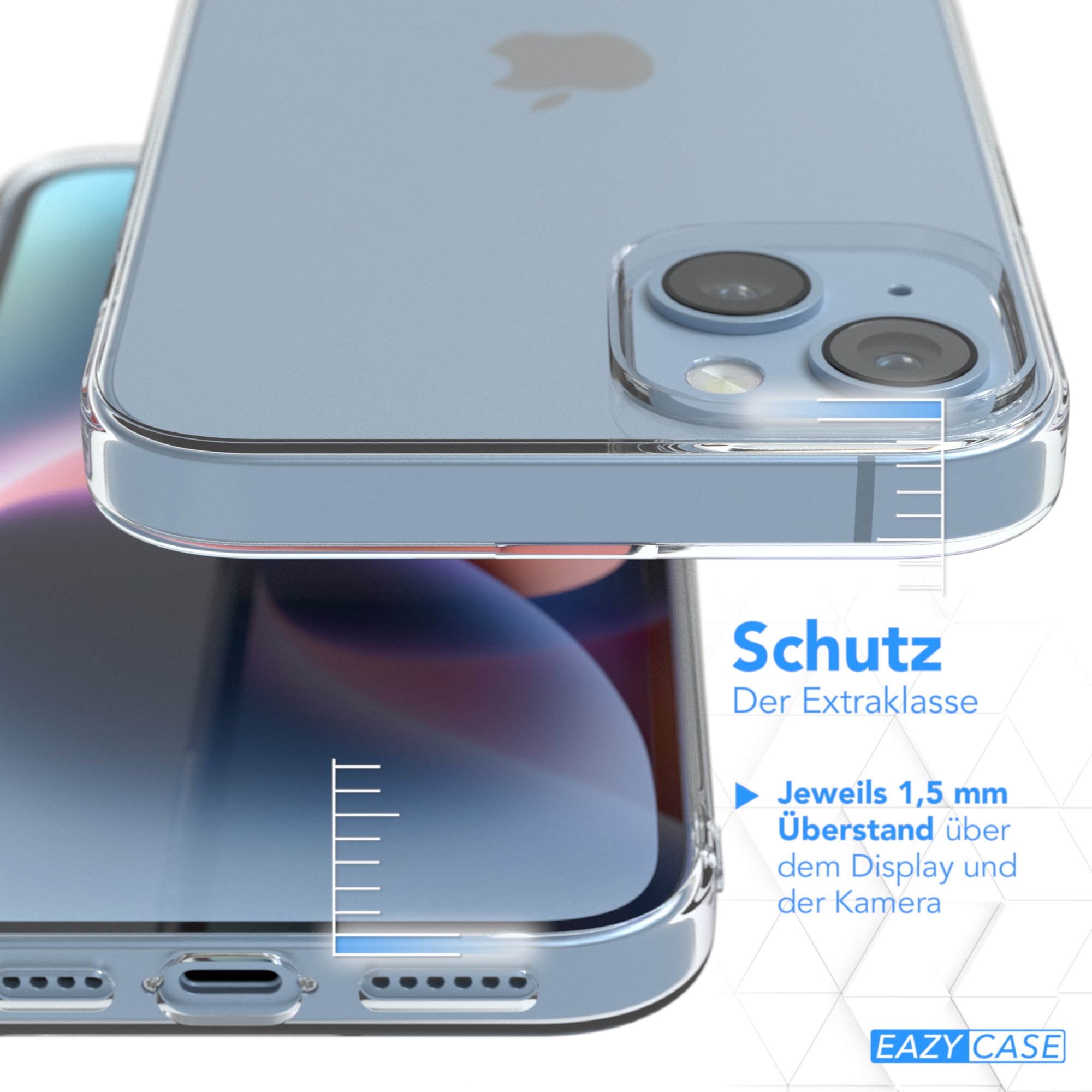 Handyhülle mit Telefon, Schutzfunktionen werden hervorgehoben. Weißer Hintergrund.