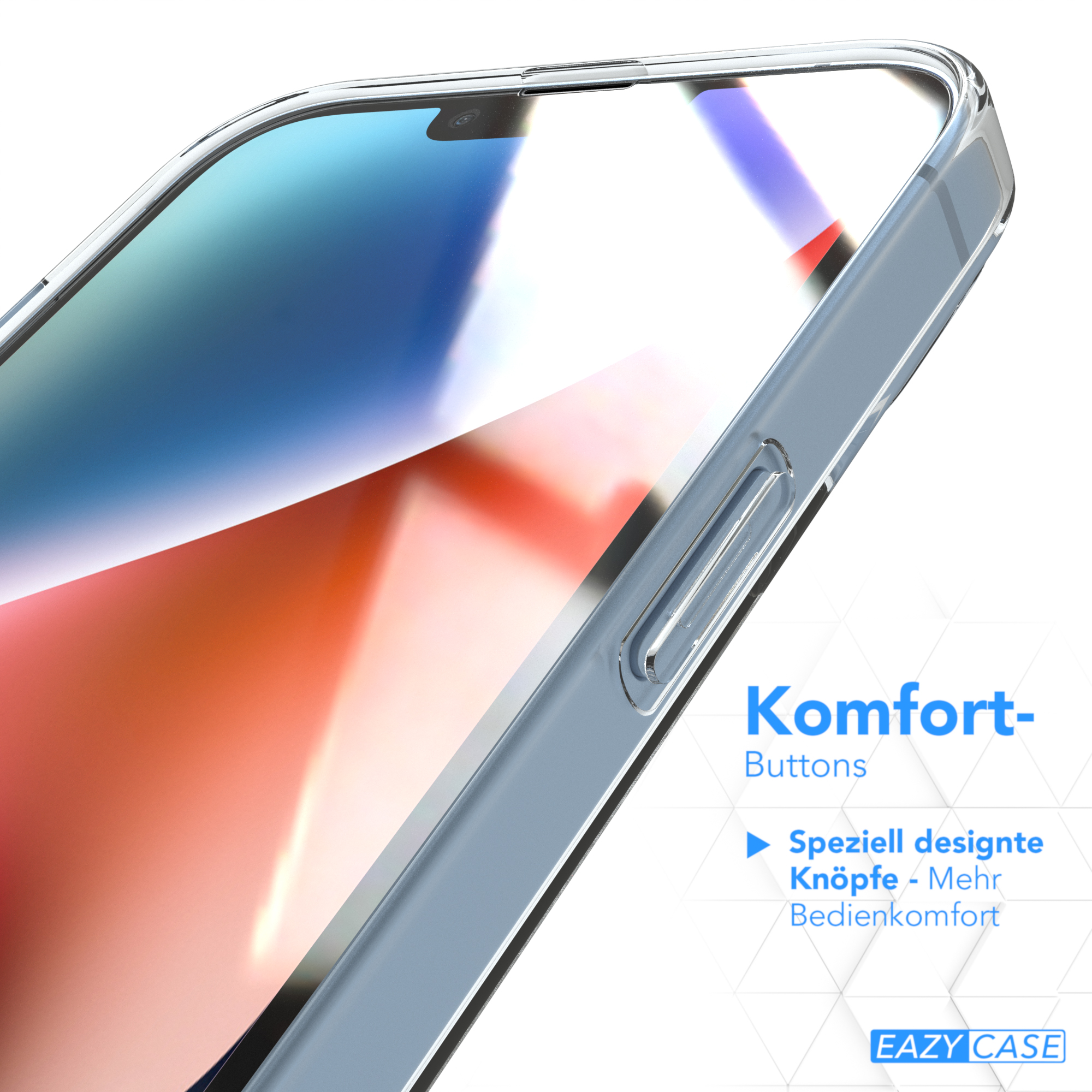 Ein Telefon in einer durchsichtigen Hülle mit Text über Komfort und spezielle Tasten.