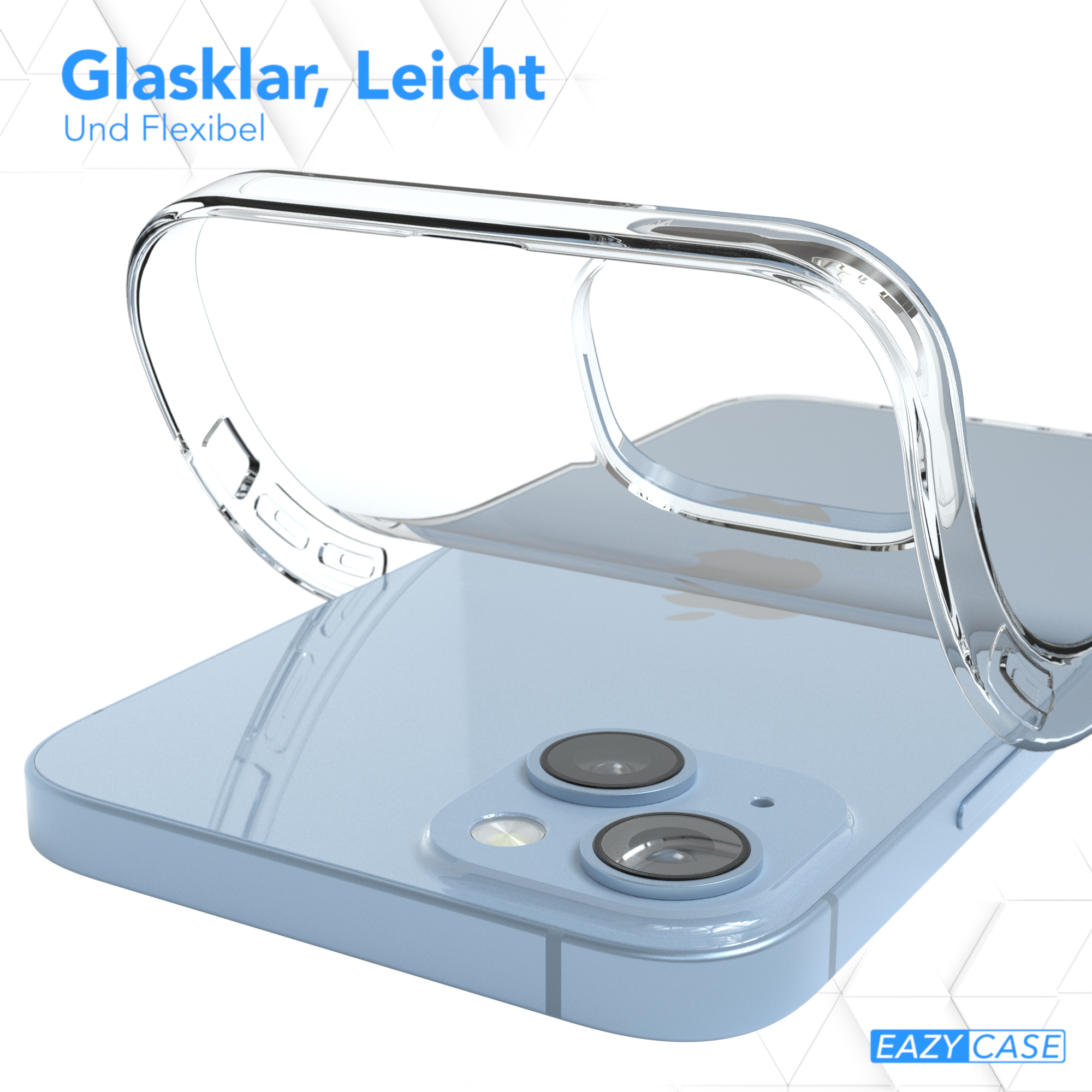 Eine transparente Handyhülle auf einem blauen Telefon, mit der Marke EAZY CASE.