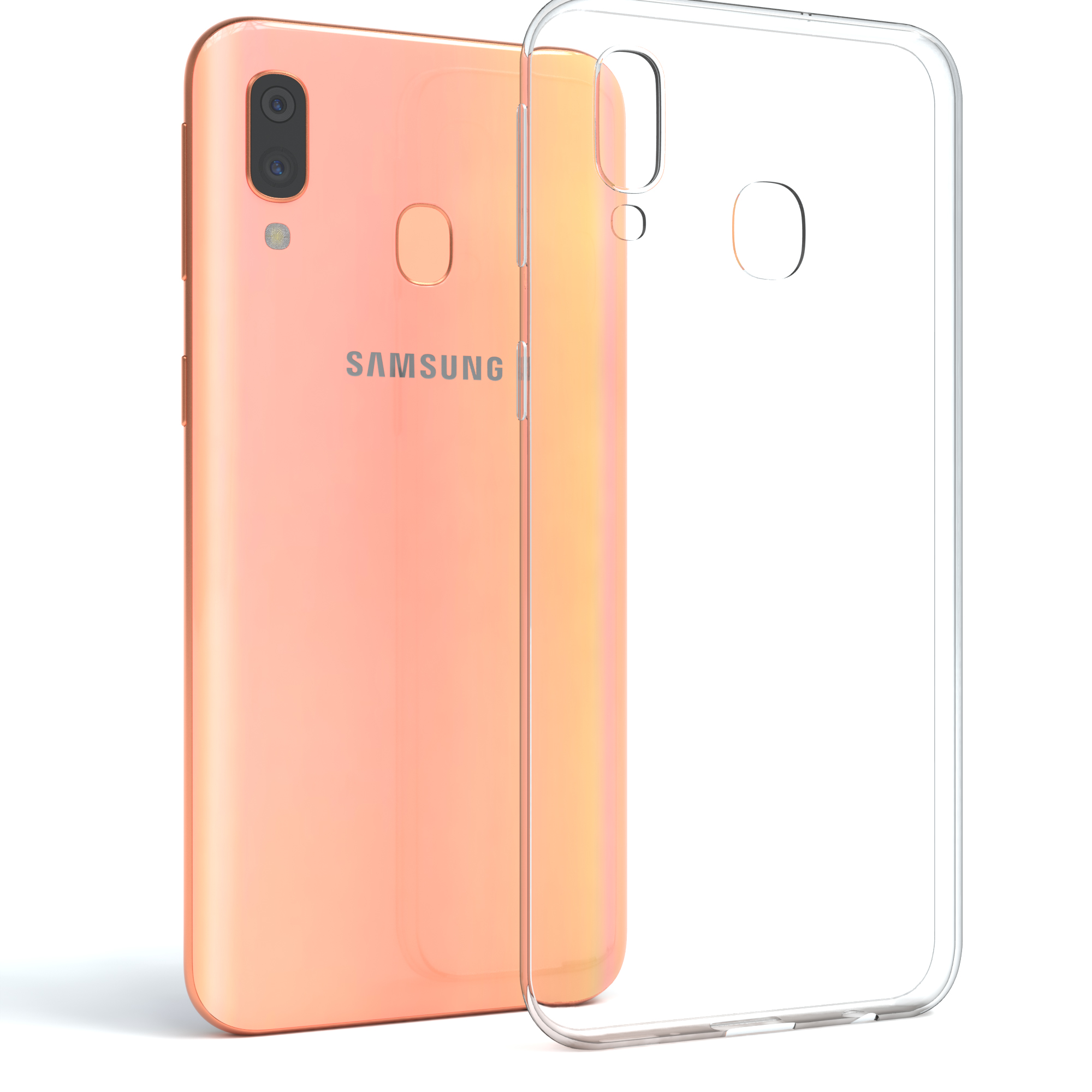 Pinkes Samsung-Telefon mit einer transparenten Hülle daneben. Die Hülle ist transparent.