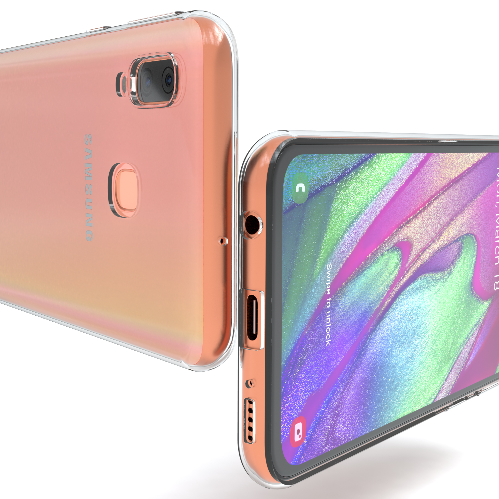Oranges Telefon mit klarer Hülle. Das Telefon zeigt einen farbenfrohen Bildschirm.