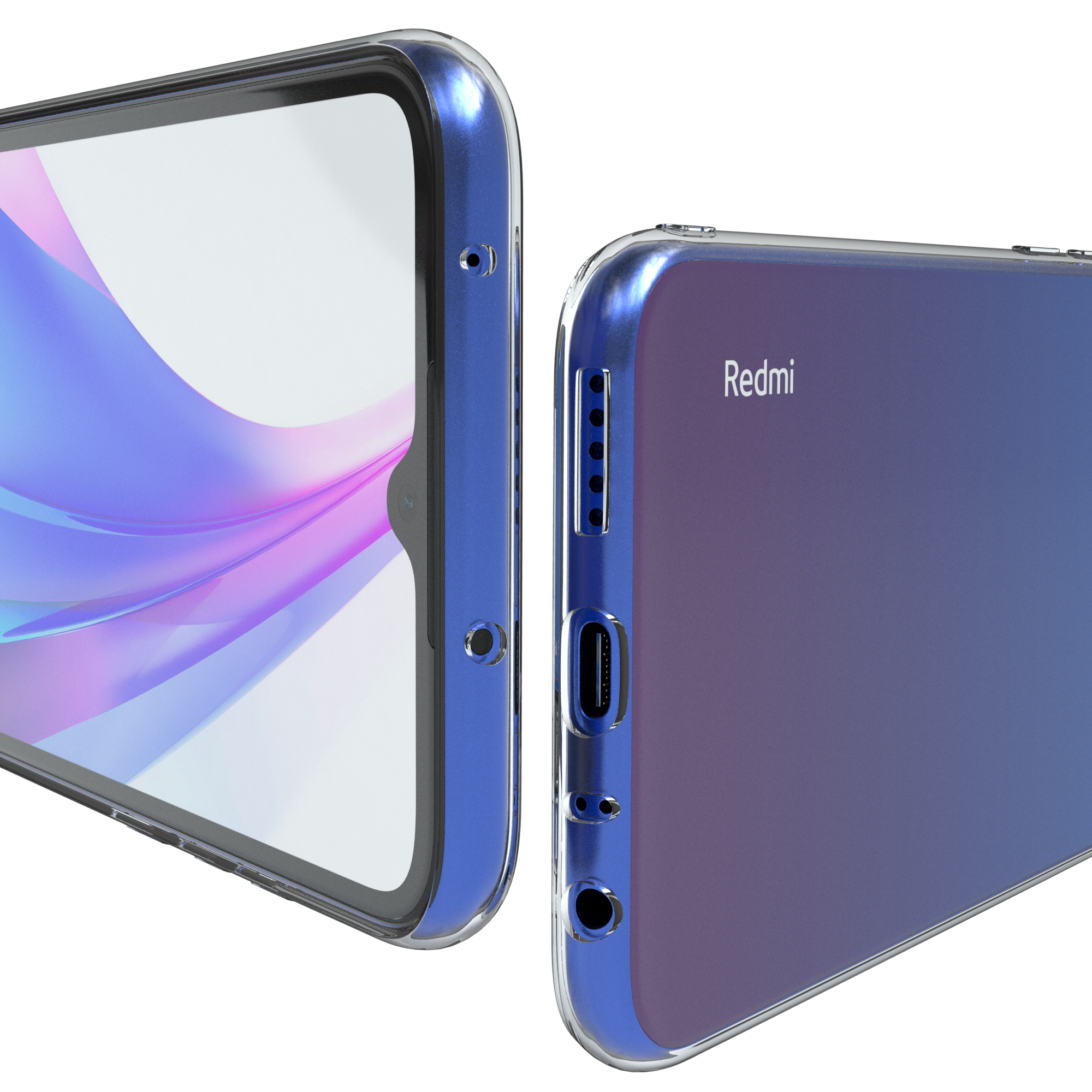 Ein Telefon in einer blauen Hülle, das die Seite mit Anschlüssen und die Rückseite des Telefons zeigt.