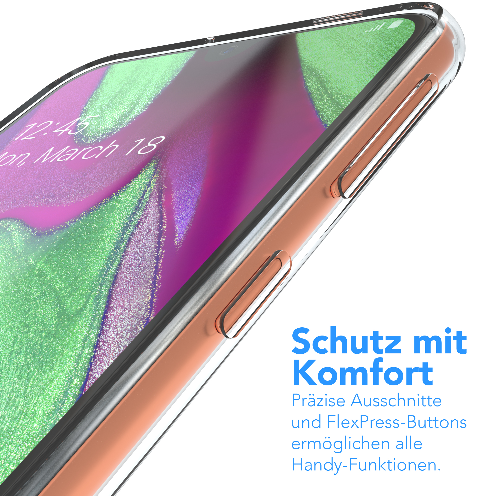Telefon mit transparenter Hülle. Es ist hellorange und hat Knöpfe an der Seite.
