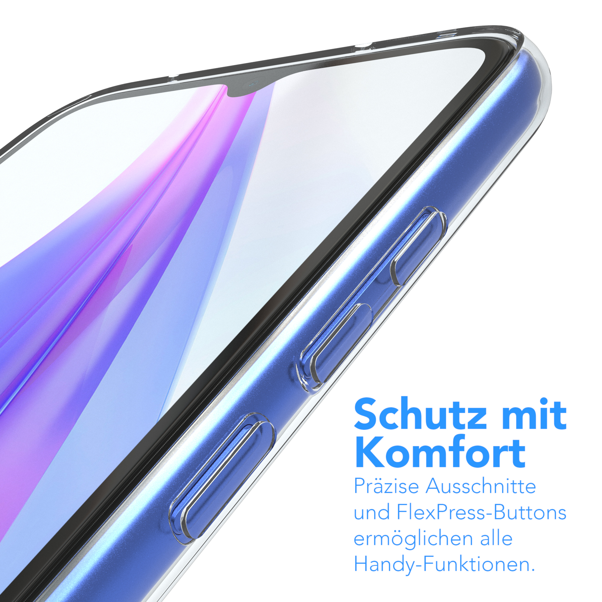 Nahaufnahme einer klaren Handyhülle mit Text: Schutz mit Komfort.
