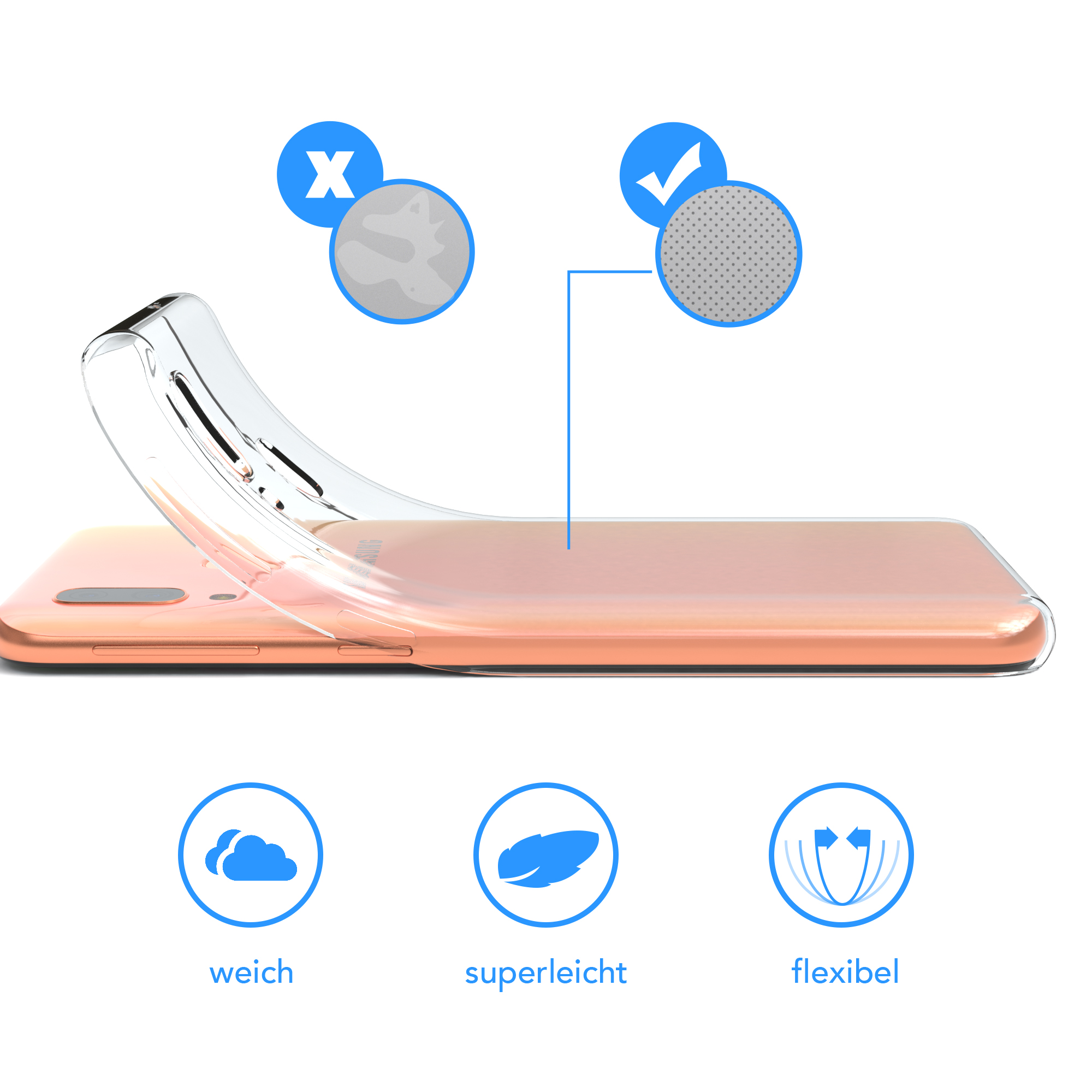 Transparente Handyhülle auf pinkem Telefon, mit Icons für Eigenschaften.
