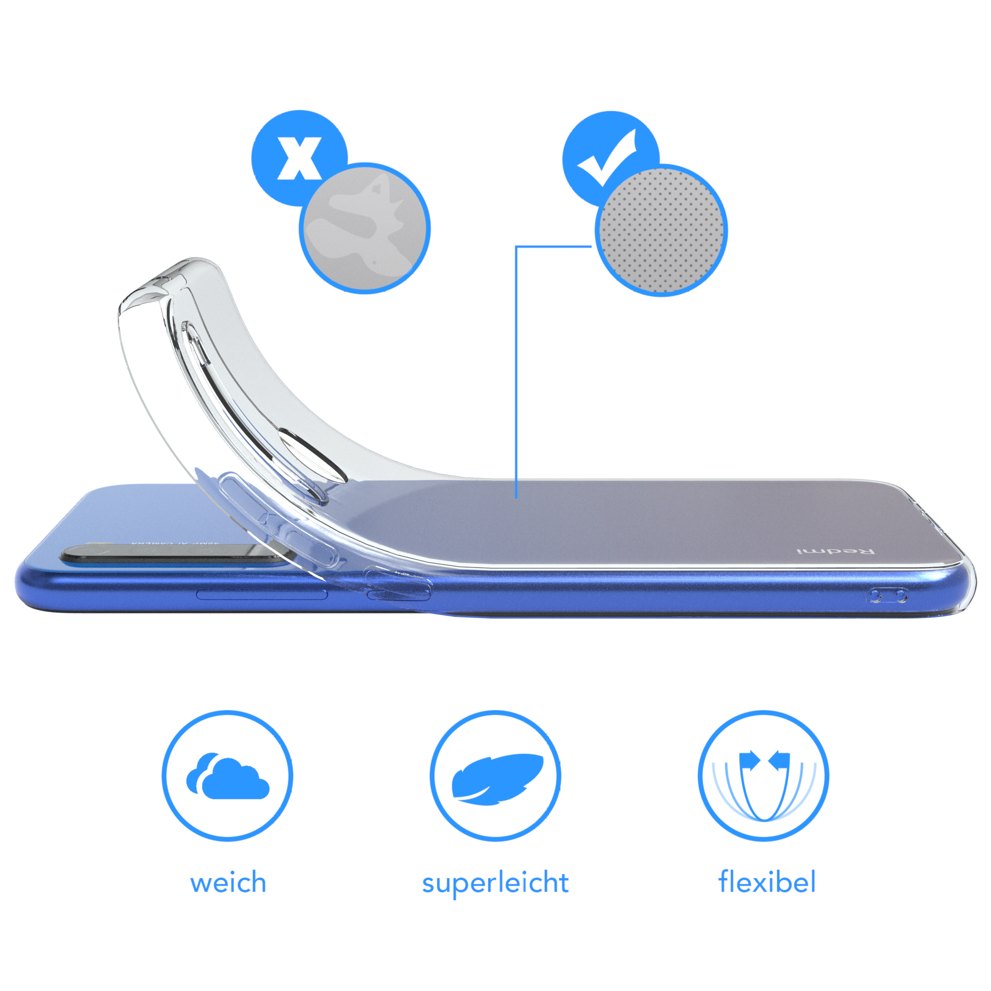 Klare Handyhülle über einem blauen Telefon. Symbole zeigen: weich, superleicht und flexibel. Haken und X auch.