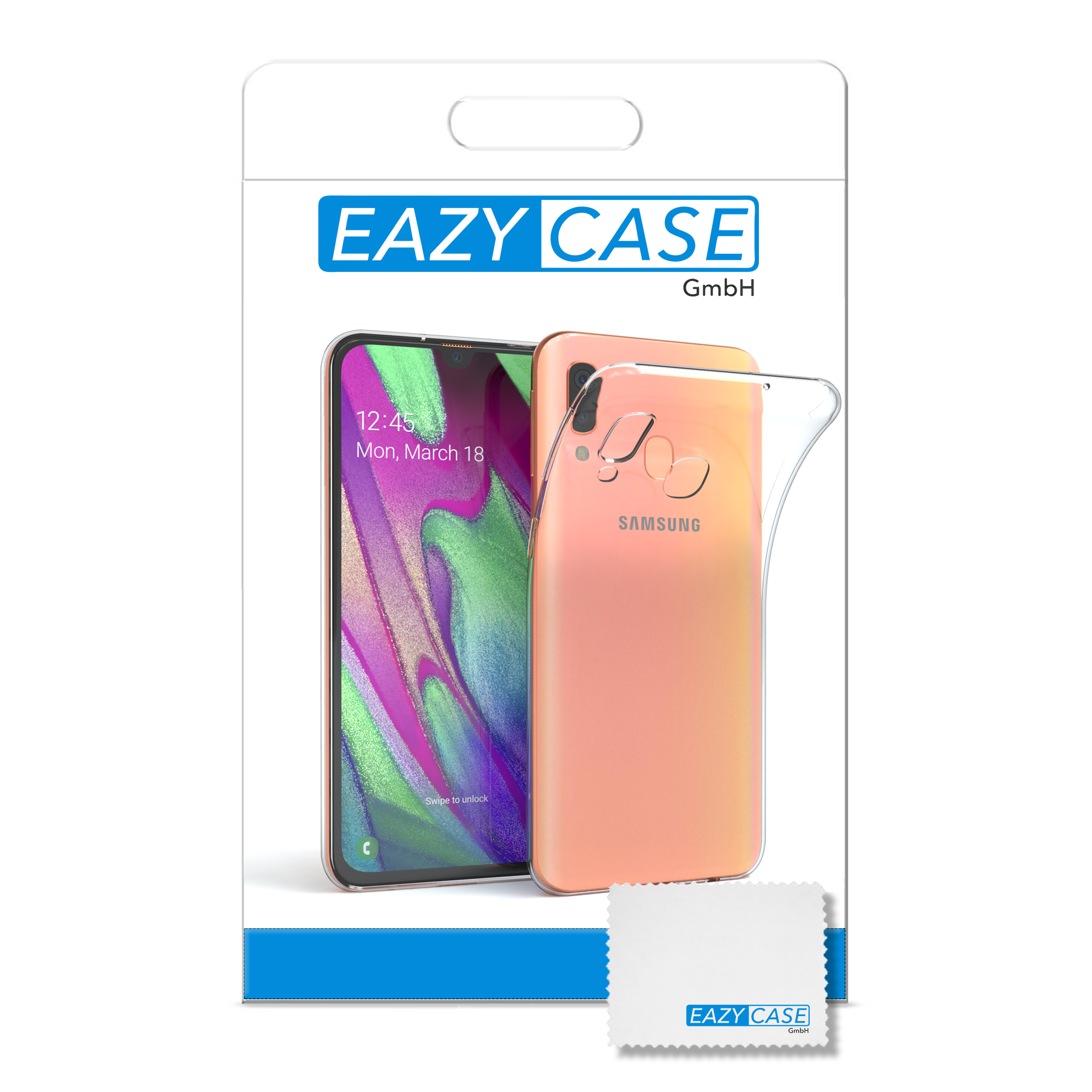 Telefon mit Hülle in der Verpackung. Telefon zeigt Bildschirm. Hülle ist transparent.