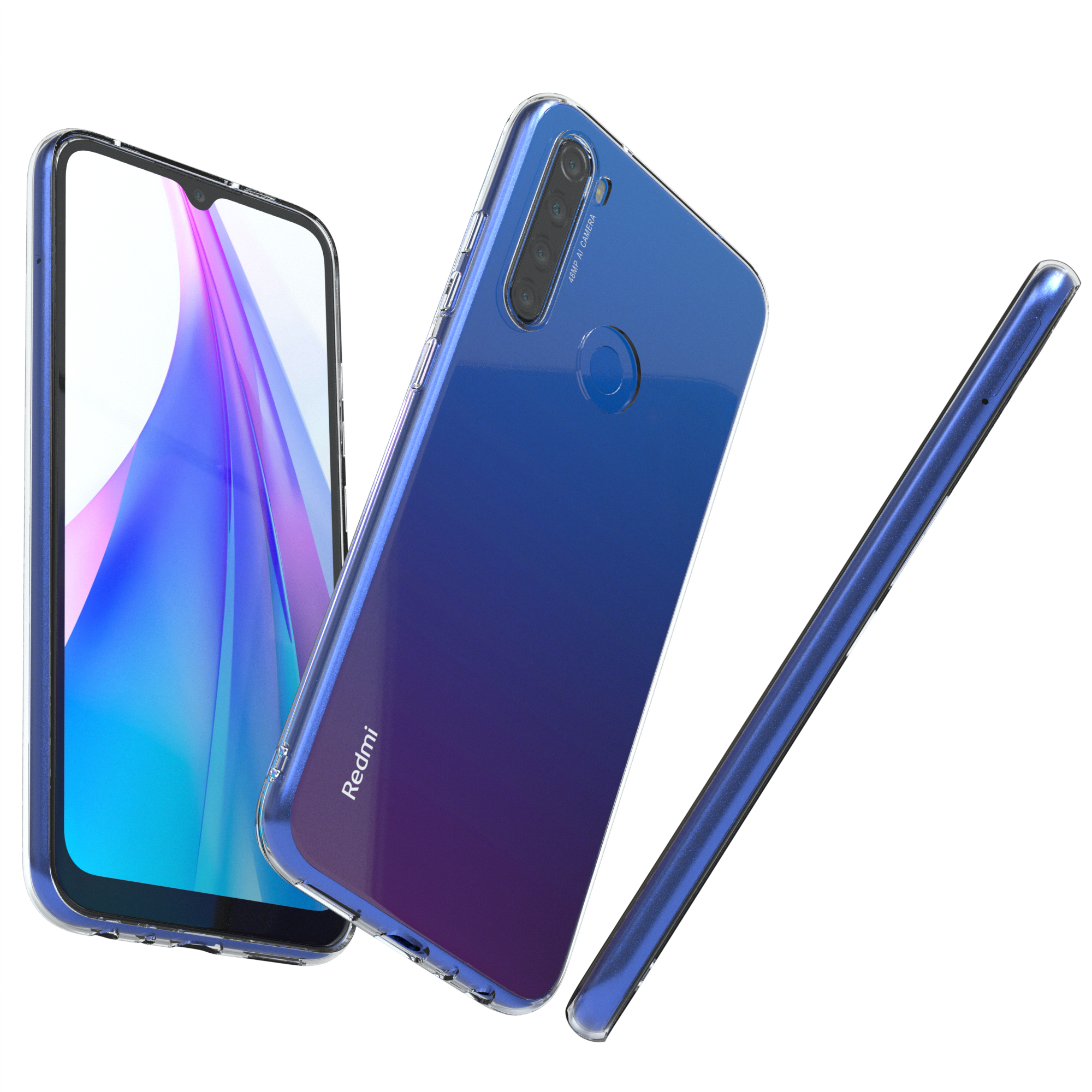 Blaues Gradienten-Telefon in klarer Hülle. Drei Ansichten des Telefons, einschließlich Seitenansicht.