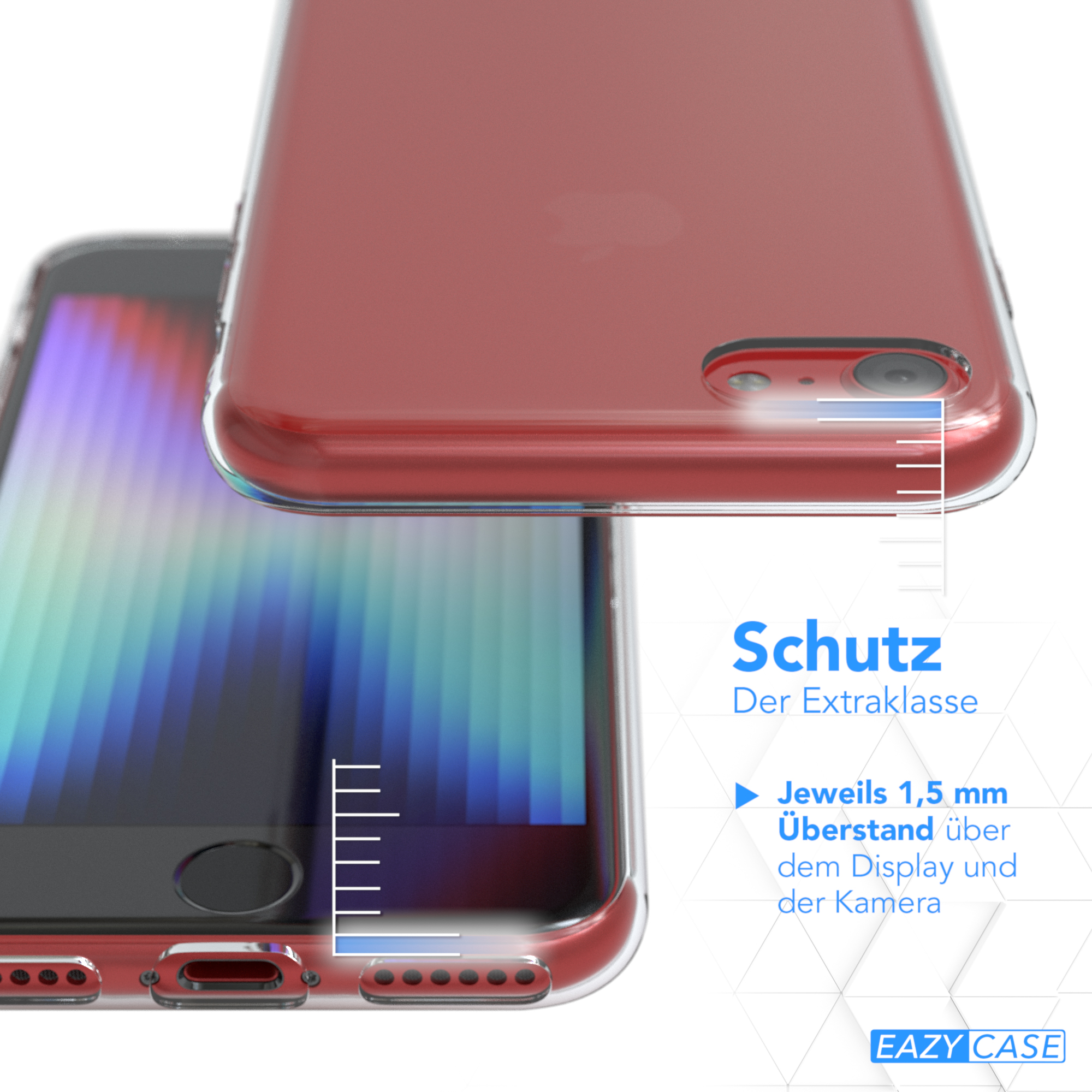 Zwei Handyhüllen, eine rote und eine transparente, über einem Telefon. Text sagt 'Schutz' und 'EAZY CASE'.
