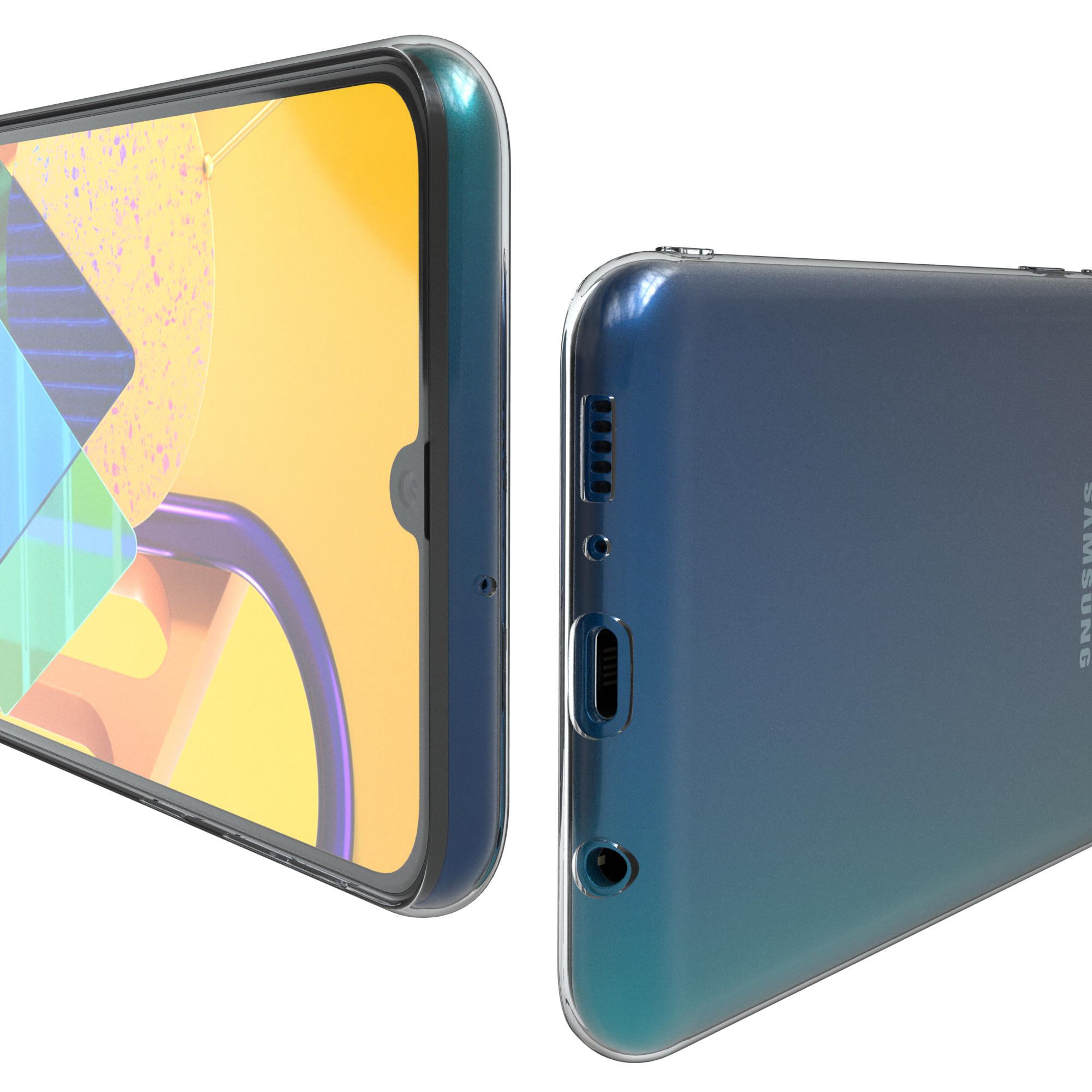 Zwei Ansichten eines Samsung-Telefons mit transparenter Hülle. Eine Ansicht zeigt den Bildschirm und die Hülle.