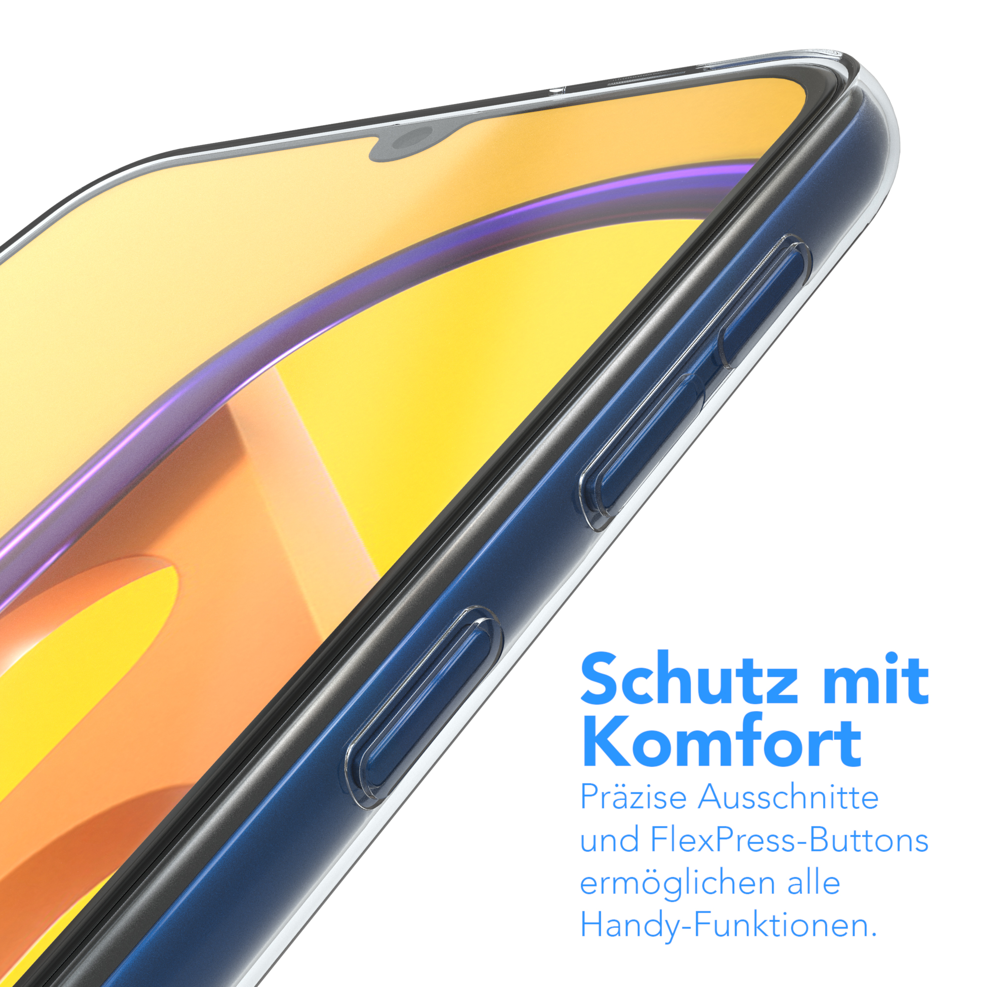 Eine transparente Handyhülle auf einem Handy. Text lautet: Schutz mit Komfort, Präzise Ausschnitte und FlexPress-Buttons.