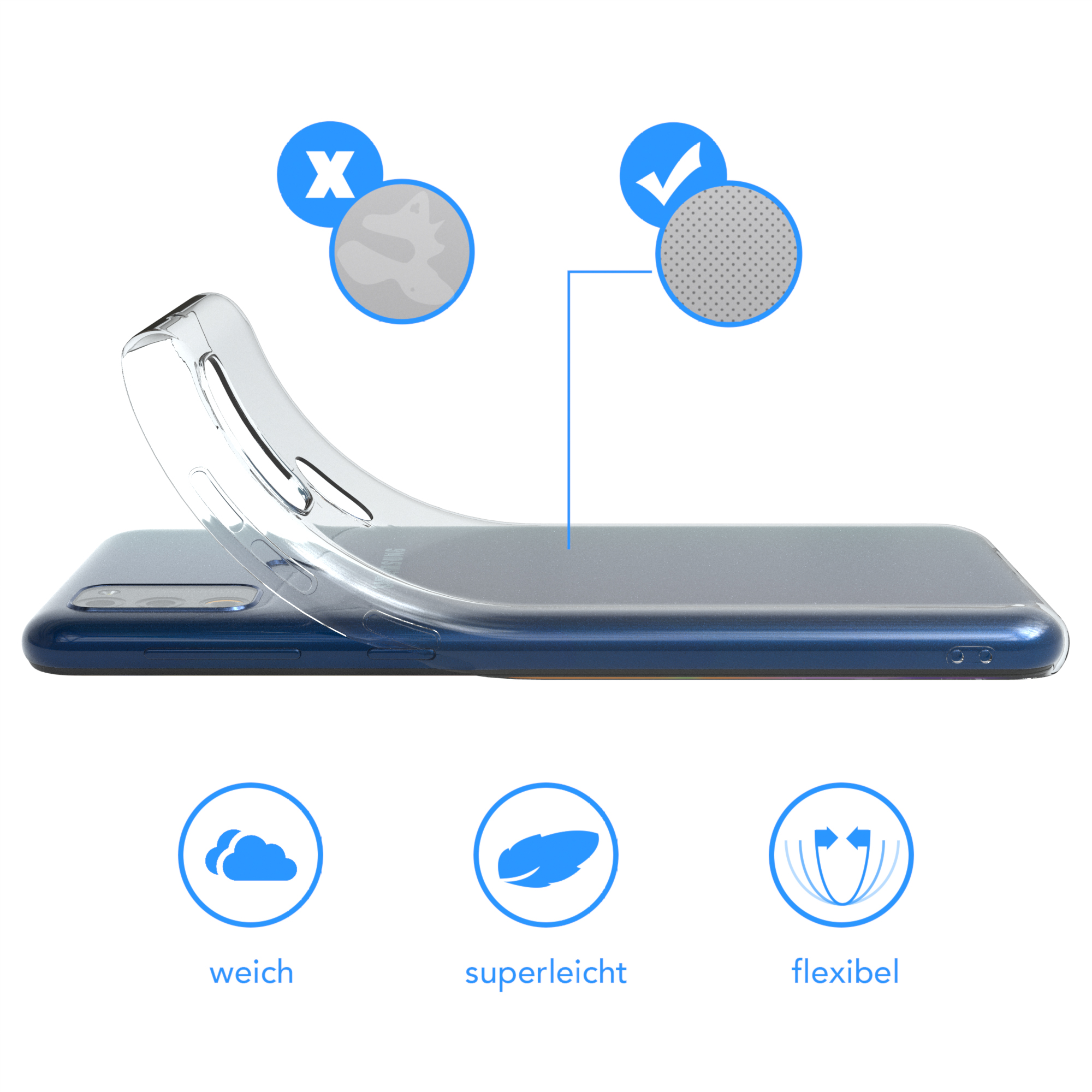 Eine Handyhülle mit Telefon. Demonstriert Flexibilität und Schutz mit Symbolen.