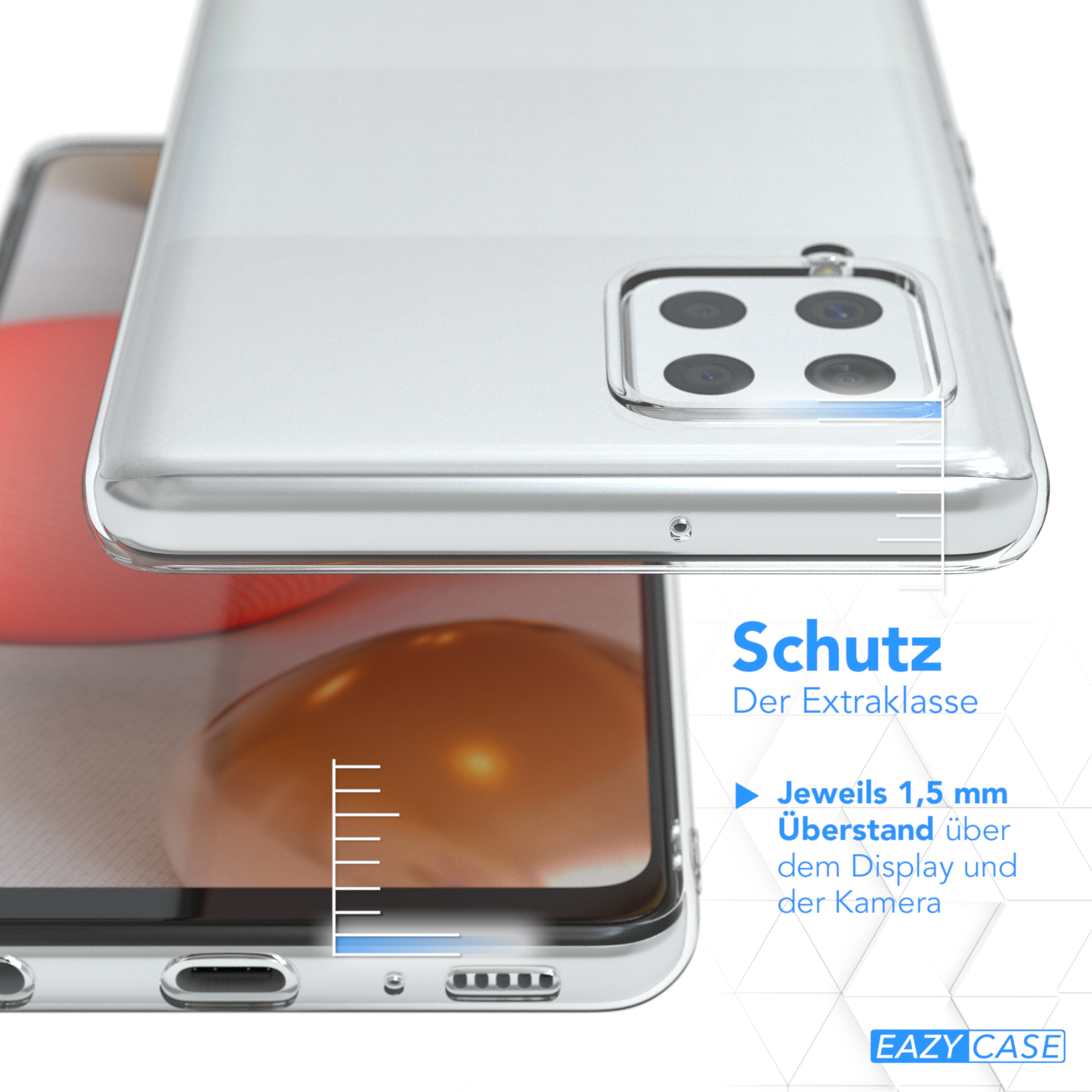 Eine transparente Handyhülle bedeckt ein Telefon. Text lautet 'Schutz Der Extraklasse' und Messlinien.