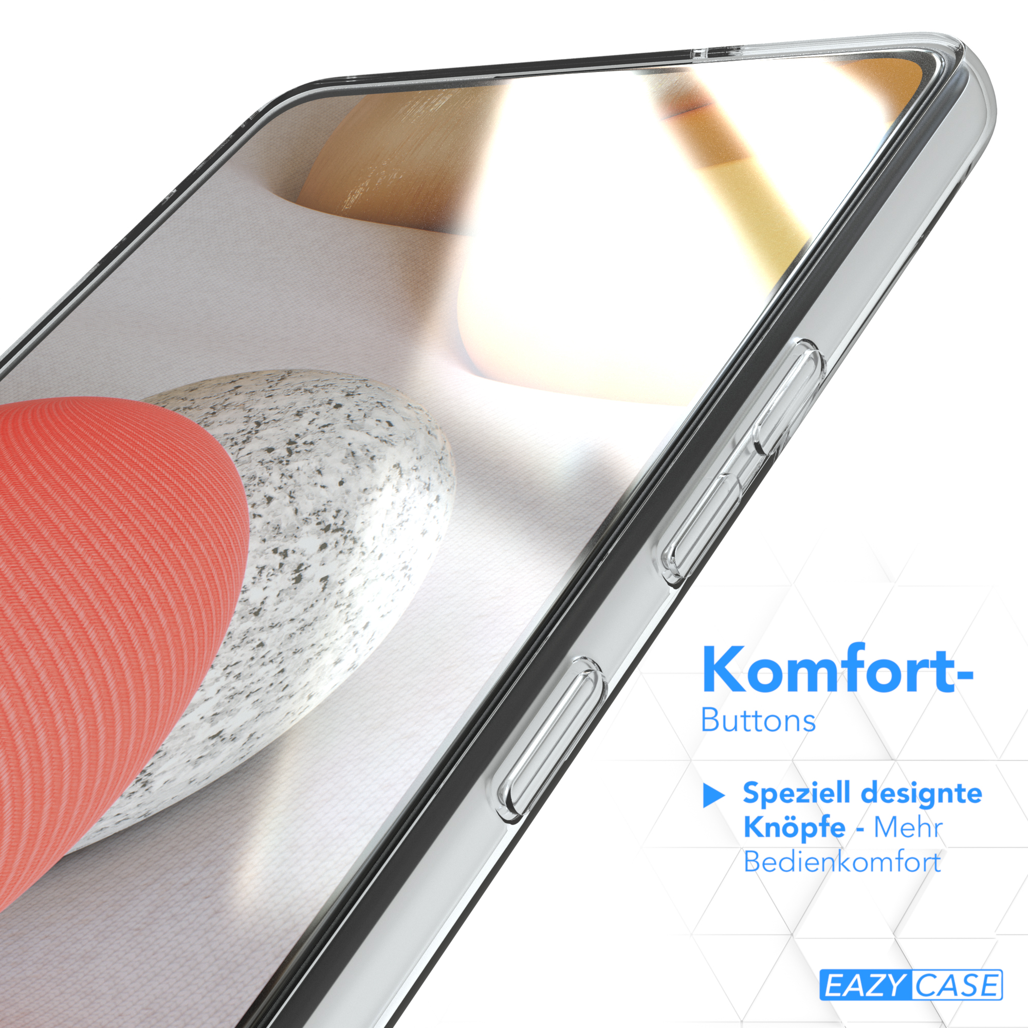 Eine transparente Handyhülle mit einem Telefon darin, Nahaufnahme mit hervorgehobenen Knöpfen.