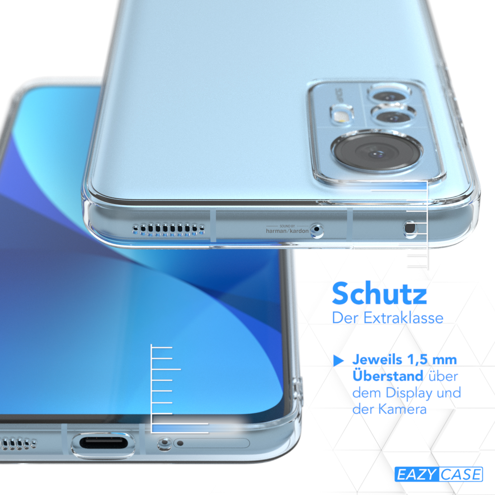 Telefon in klarer Hülle, Nahaufnahme. Zeigt Kamera und Text über Schutz. Weißer Hintergrund.