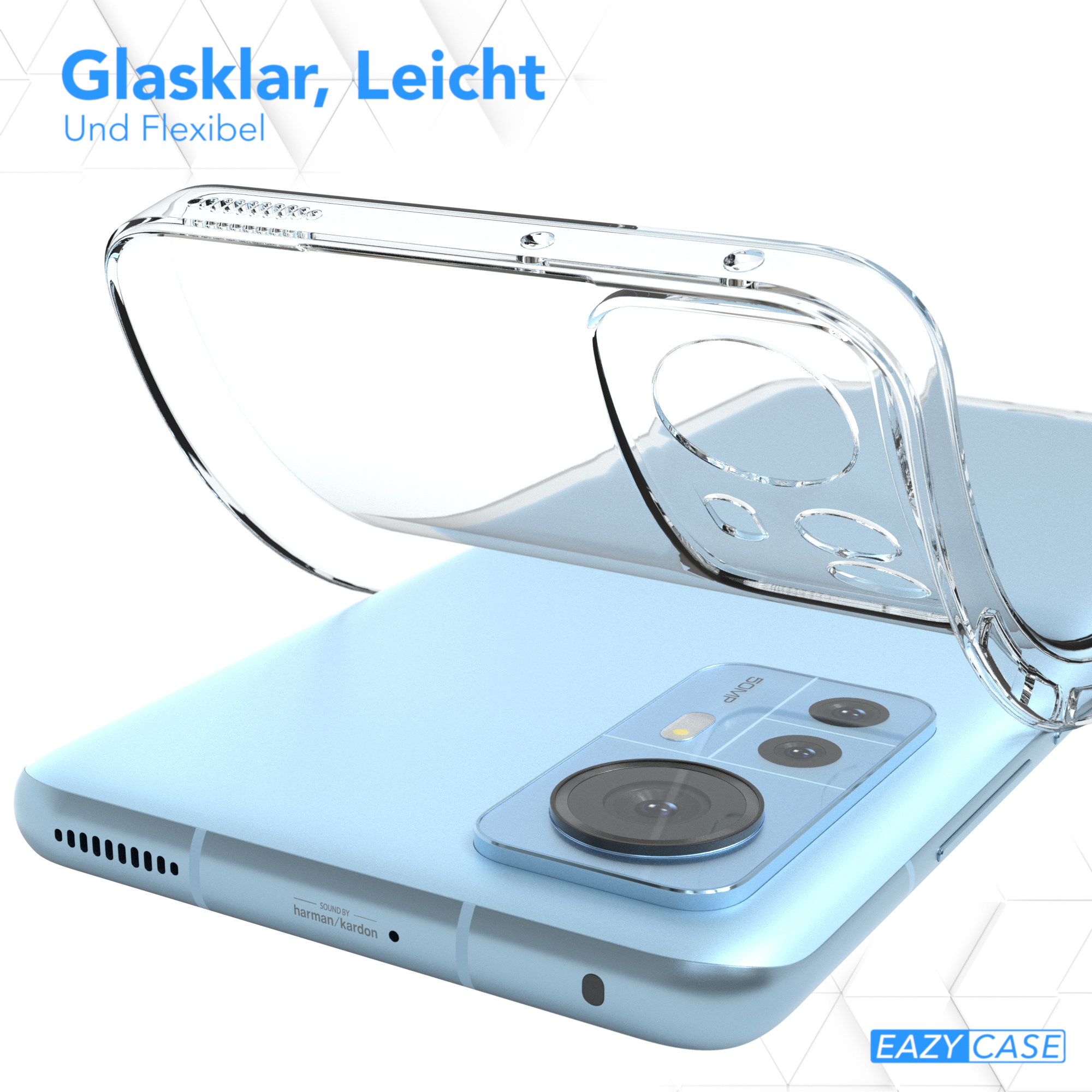 Eine transparente Handyhülle mit einem Telefon darin. Das Telefon ist hellblau und hat eine Kamera.