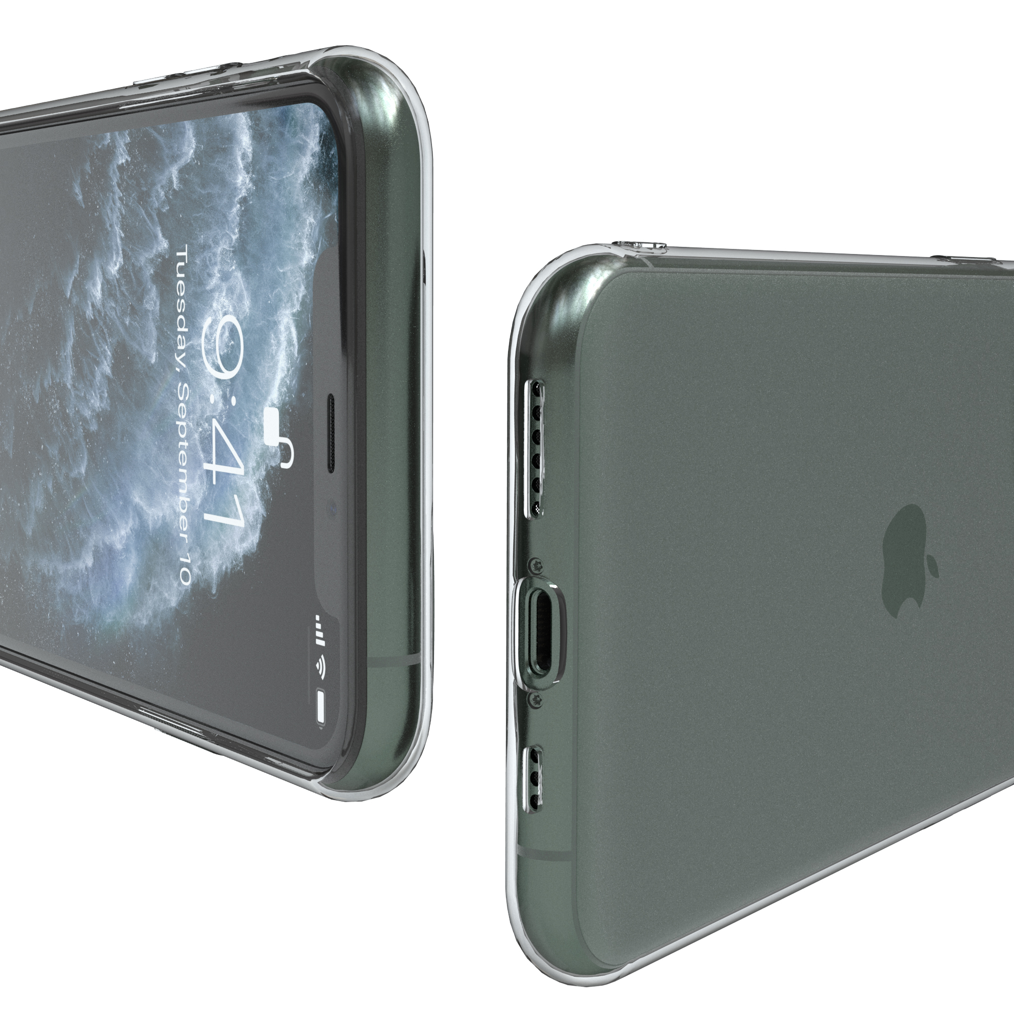 Transparente Handyhülle auf einem Telefon, Seitenansicht.