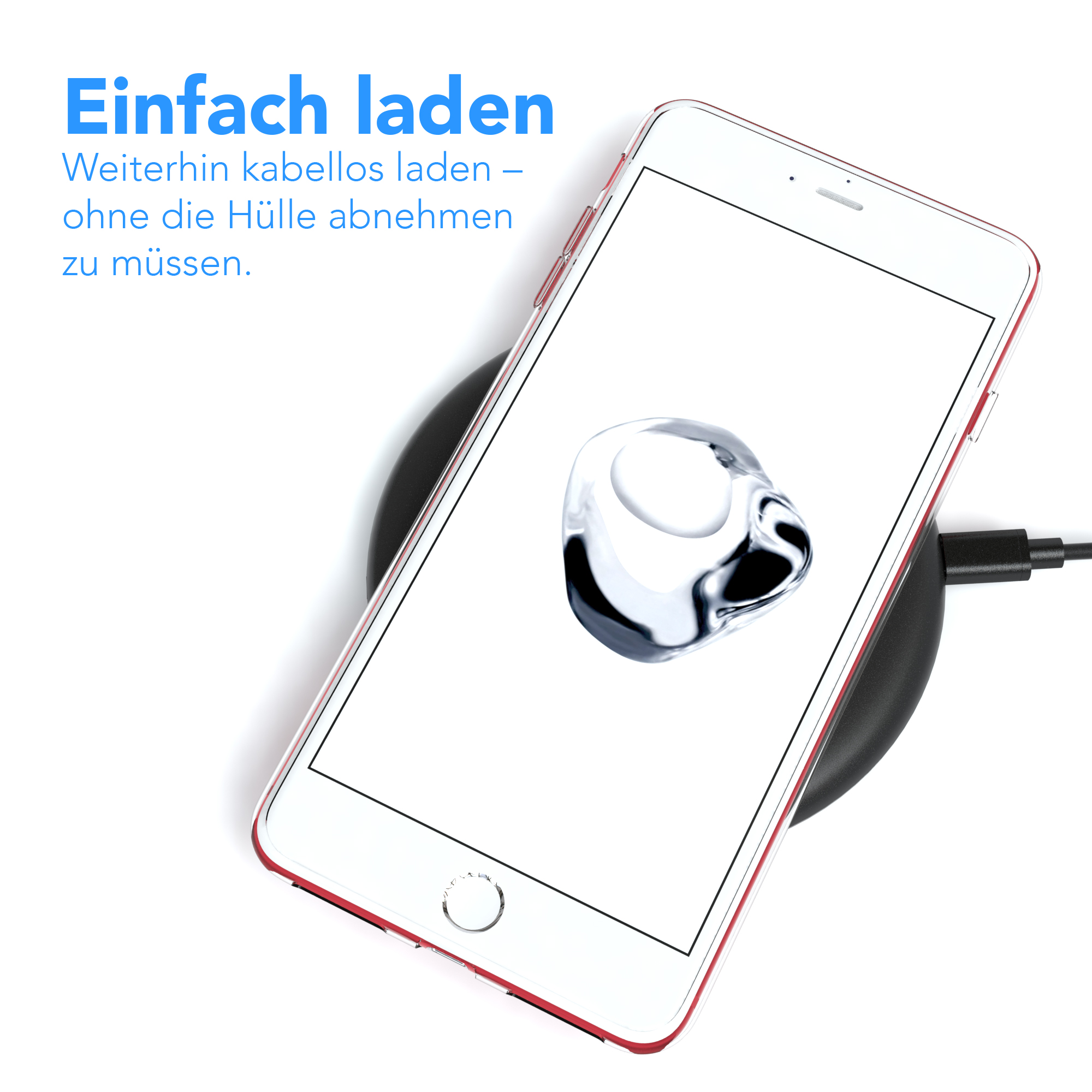 Ein Telefon auf einem kabellosen Ladegerät, mit einer transparenten Hülle und weißem Hintergrund.