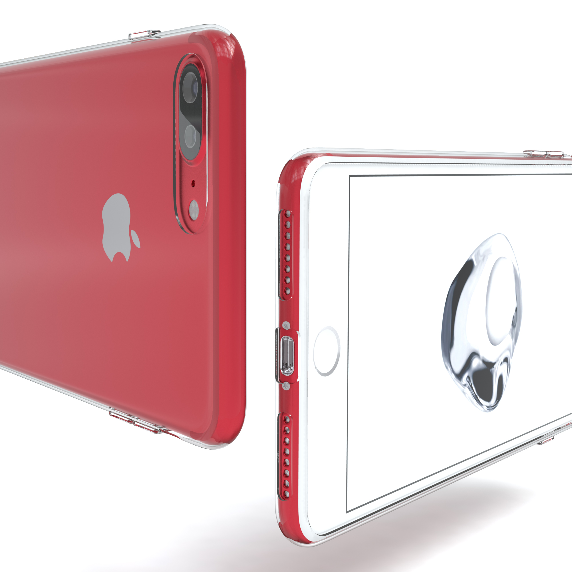 Zwei Telefone, eines rot, eines weiß. Klare Hülle auf beiden. Rotes Telefon zeigt Kamera und Apple Logo.