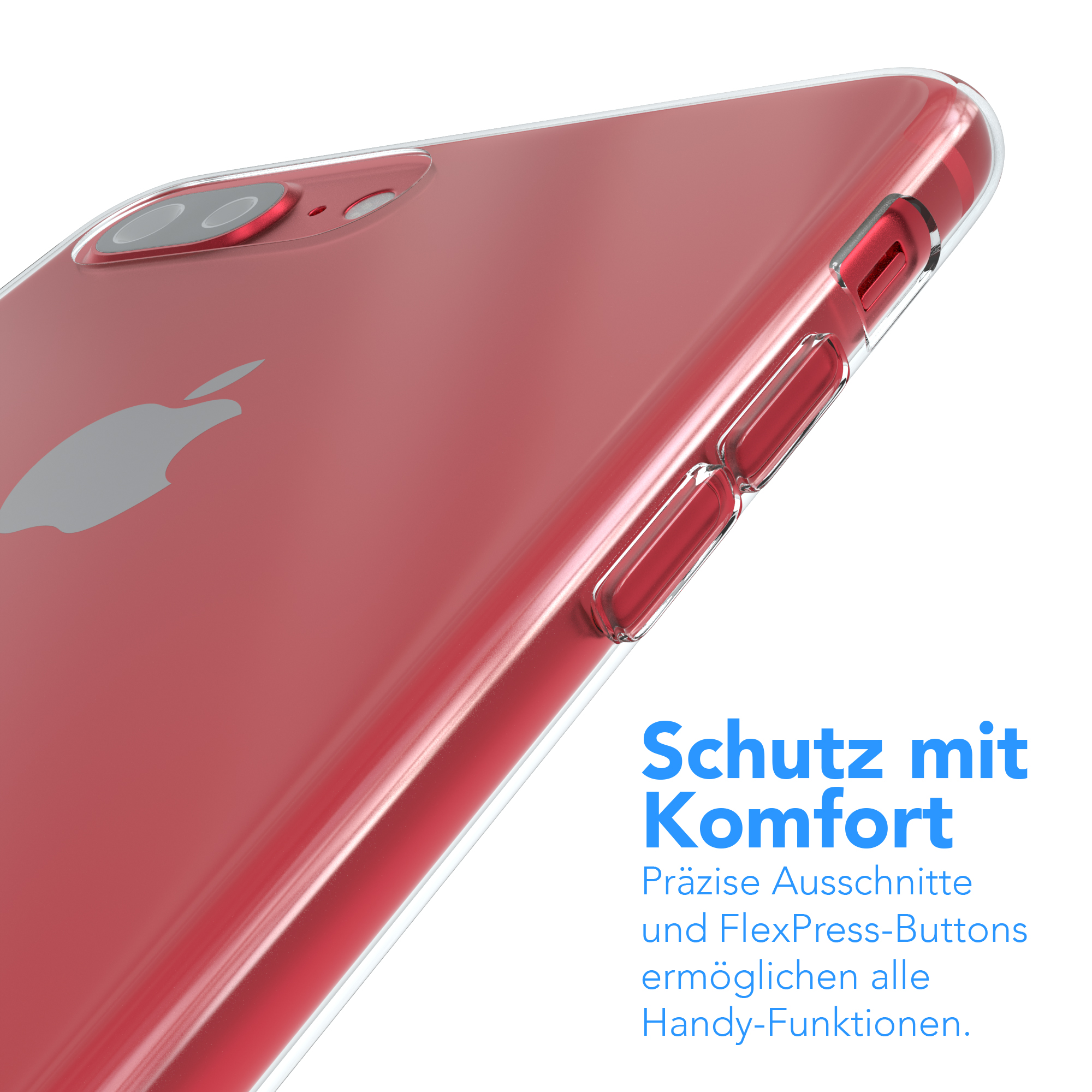 Ein rotes Telefon mit einer durchsichtigen Hülle. Die Hülle hat Knöpfe an der Seite.