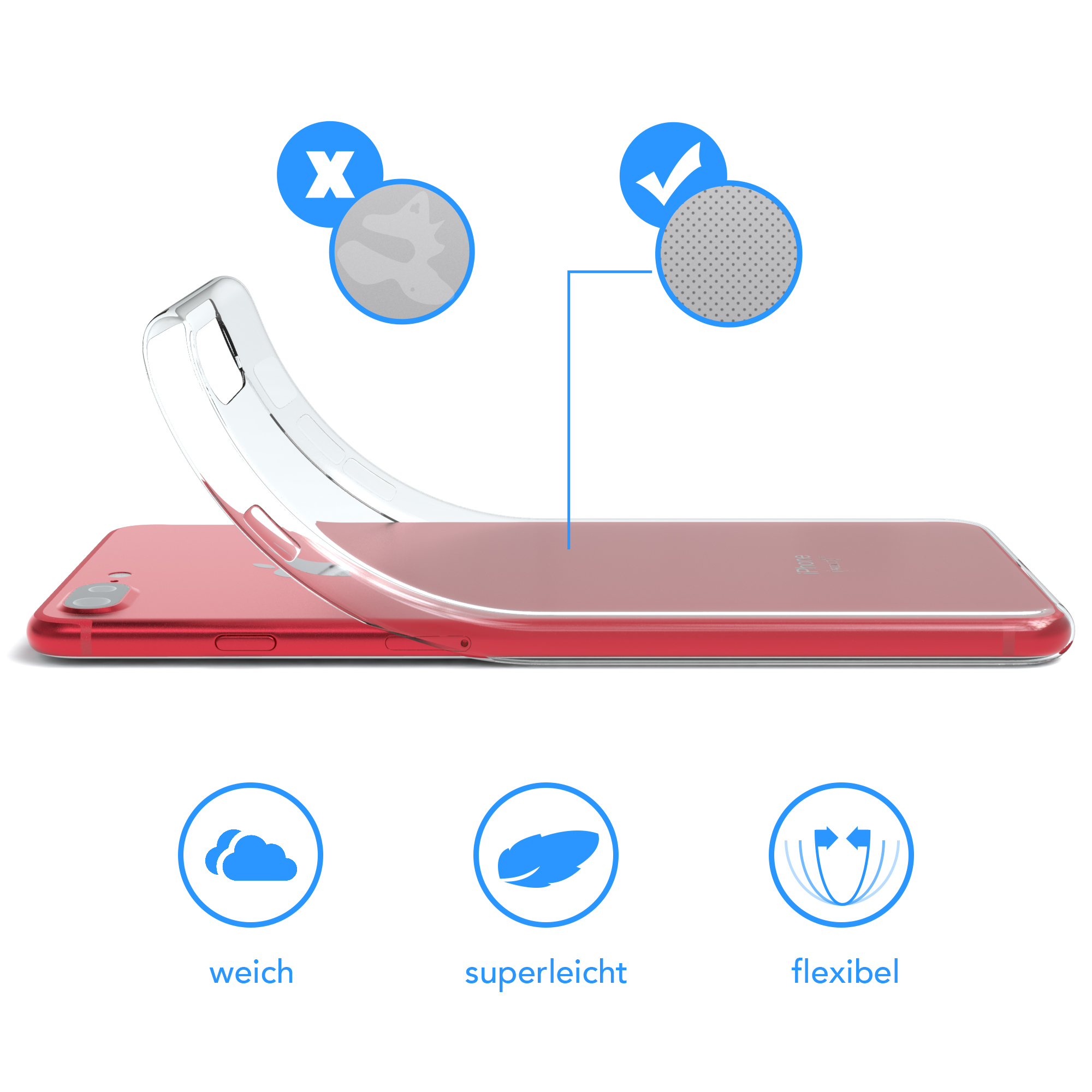Eine Handyhülle auf einem roten Telefon, zeigt verschiedene Eigenschaften: weich, leicht, flexibel.