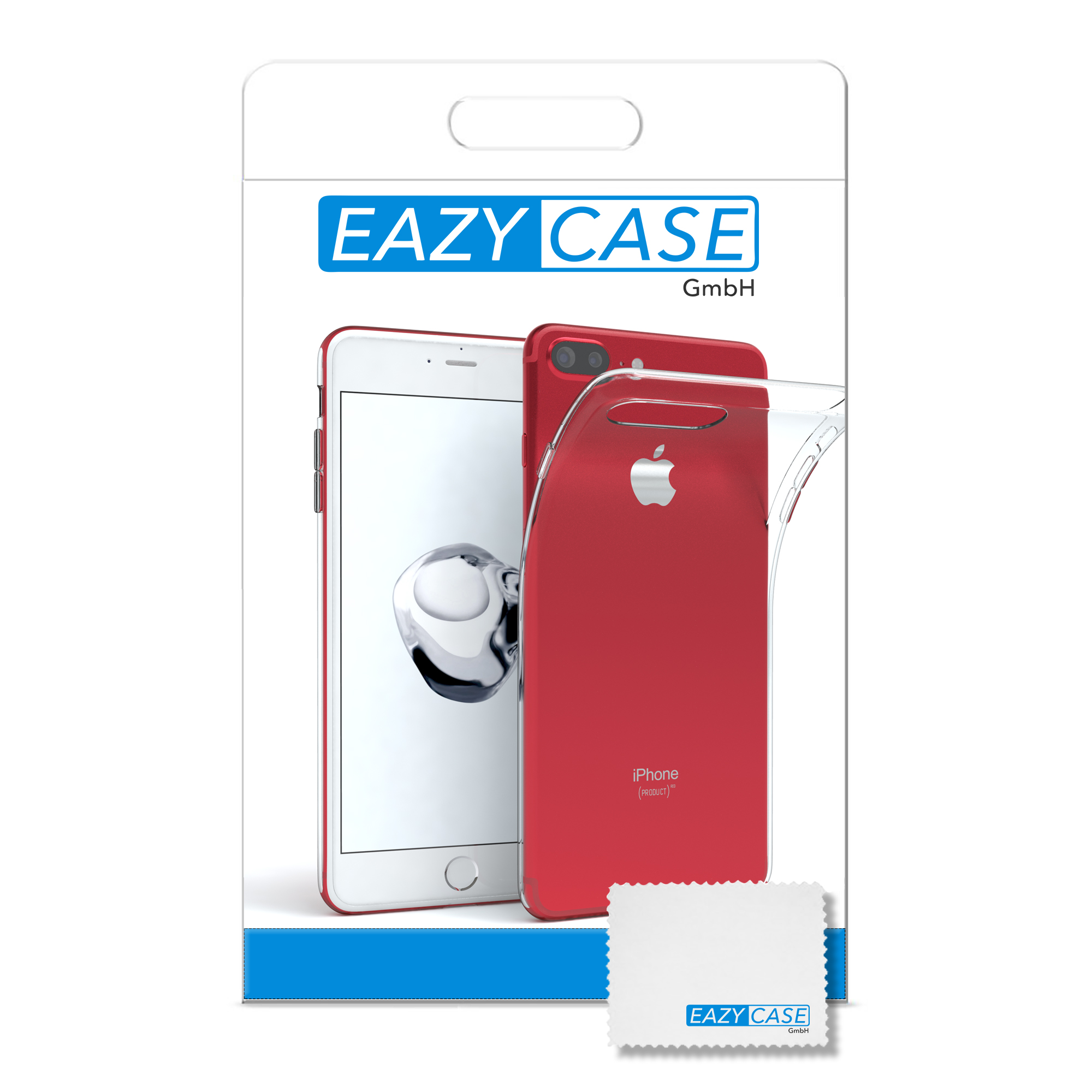Ein rotes iPhone in einer durchsichtigen Hülle und ein Reinigungstuch.