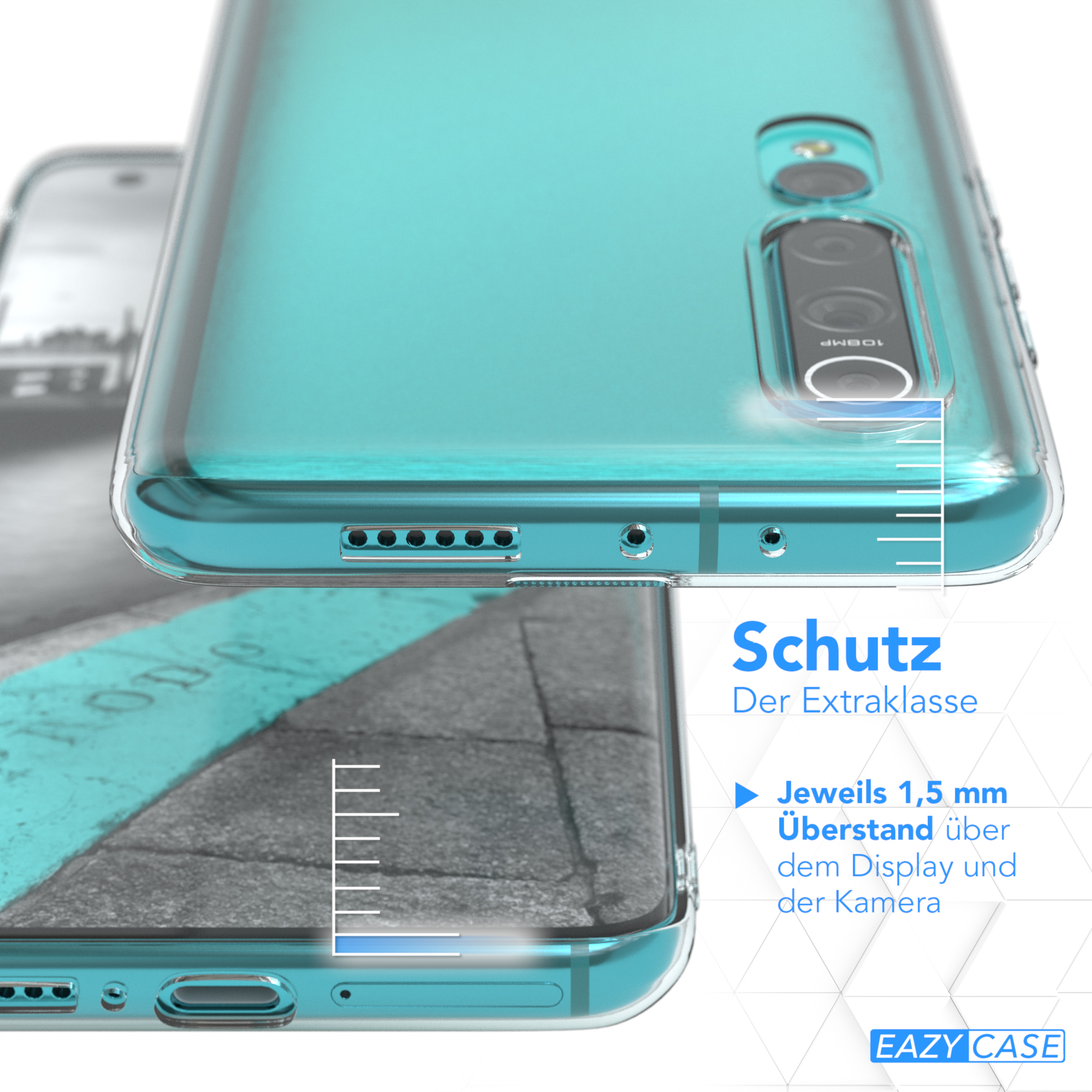 Transparente Handyhülle auf blauem Handy. Die Hülle hat einen Kameraausschnitt und Text.
