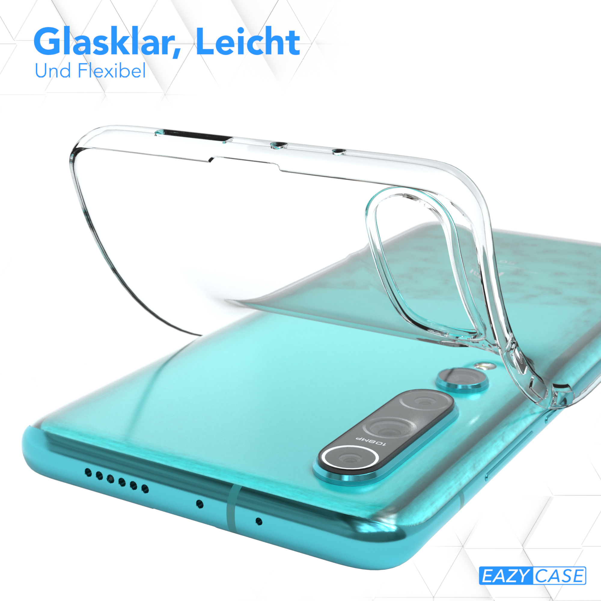 Transparente Handyhülle auf blauem Telefon. Text sagt 'Glasklar, Leicht'.