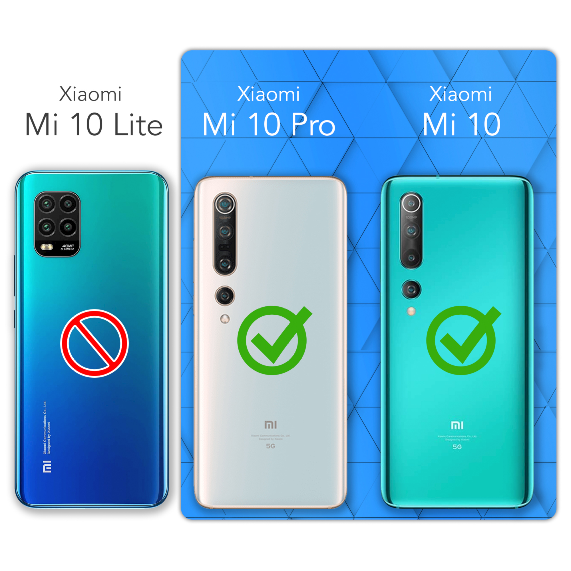 Drei Telefone nebeneinander, Xiaomi Mi 10 Pro als zugelassen markiert.