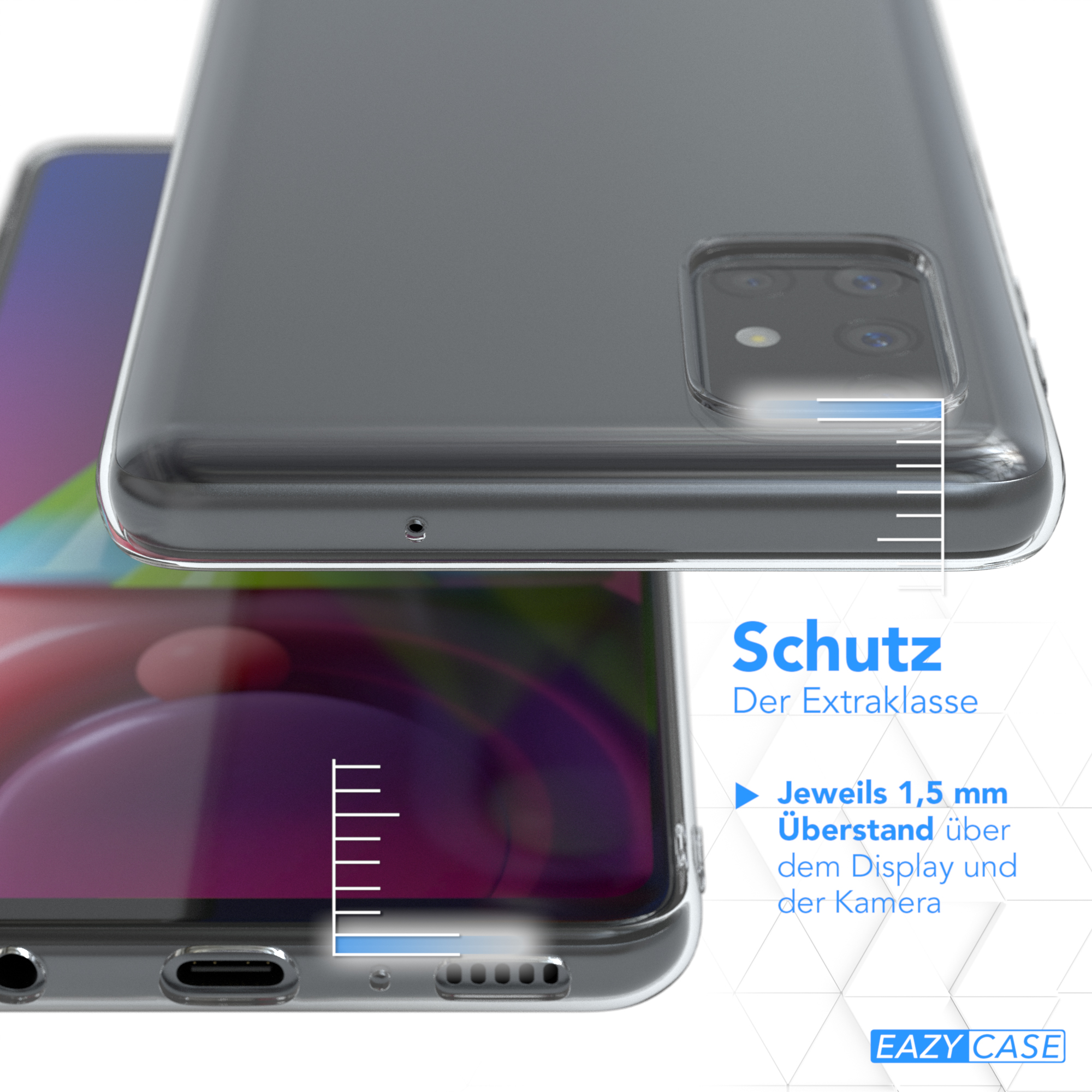 Klare Handyhülle über einem schwarzen Telefon. Es zeigt Schutzfunktionen mit Text.