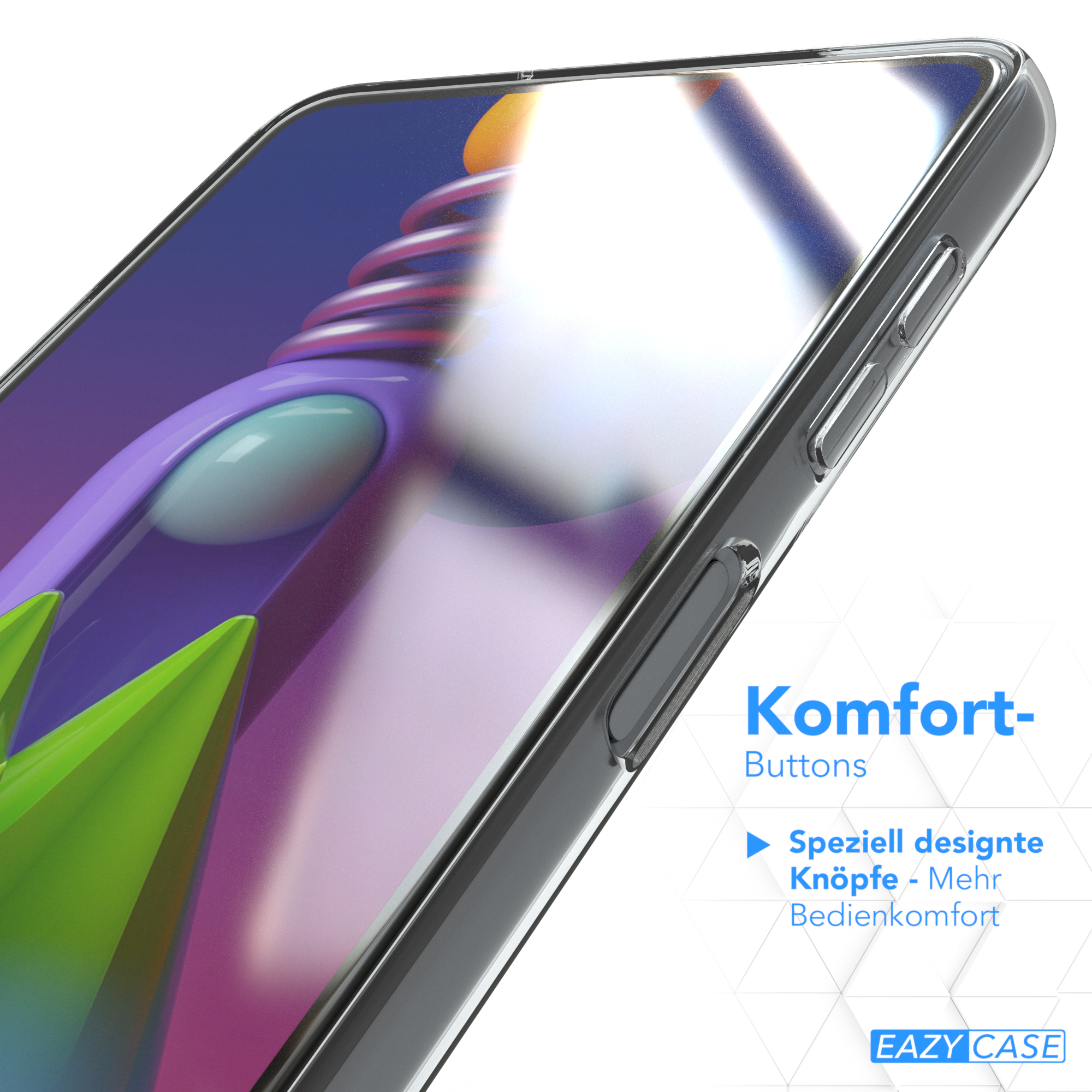 Eine transparente Handyhülle auf einem Handy mit farbenfrohem Hintergrund und Text.
