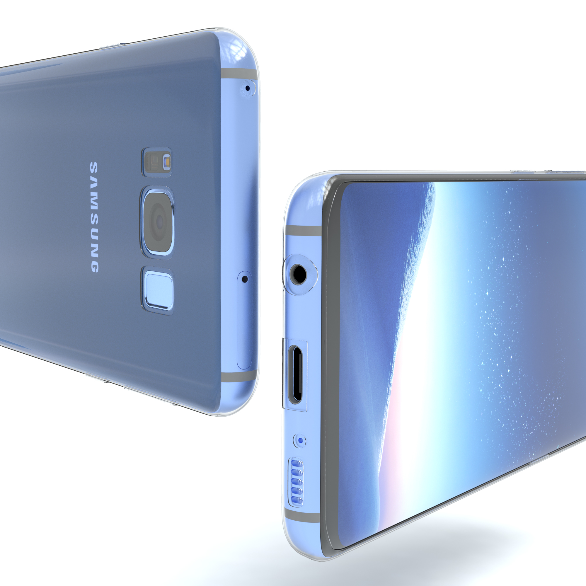 Zwei blaue Samsung-Telefone. Eines von hinten und eines von der Seite. Die Seitenansicht zeigt Bildschirm und Ladeanschluss.