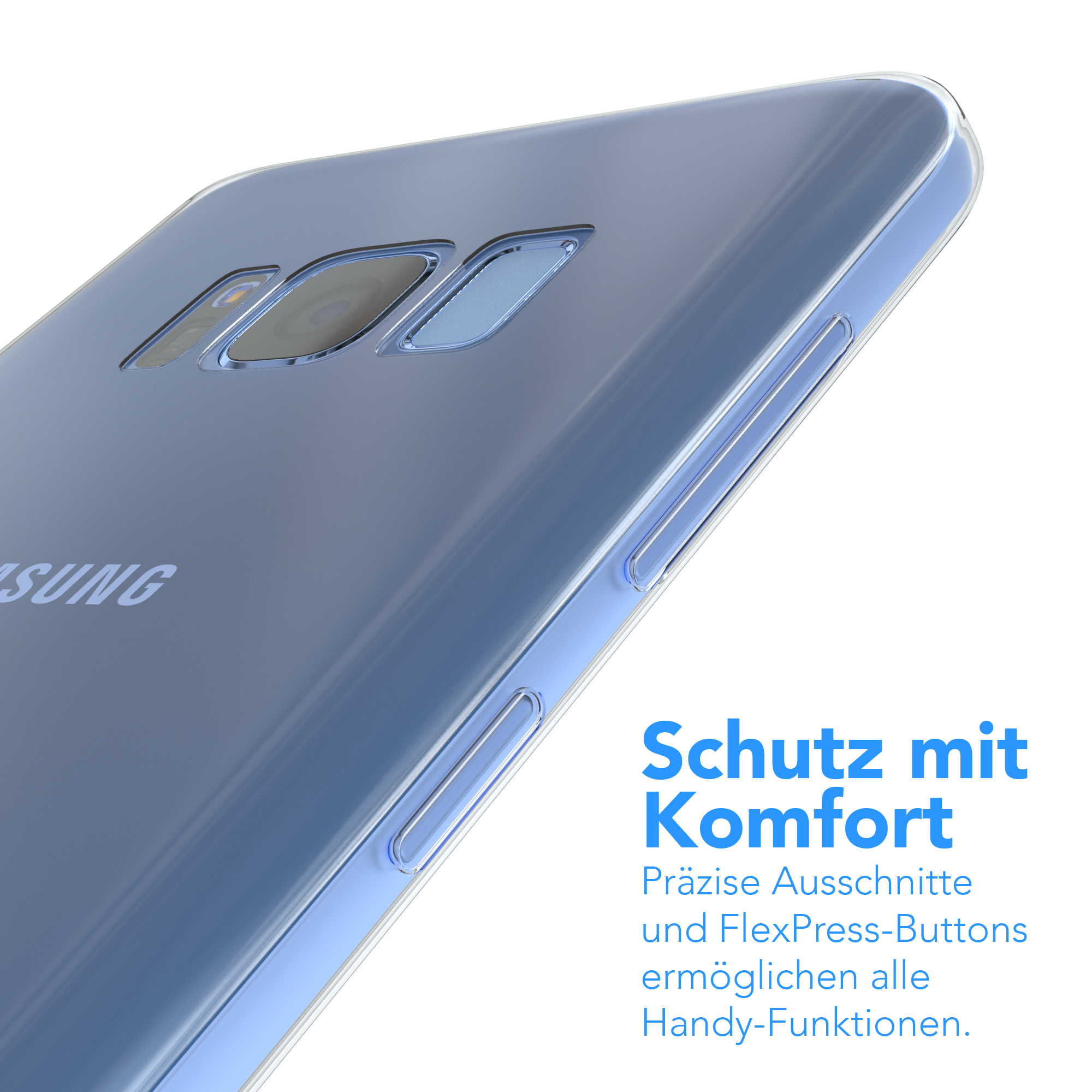 Transparente Handyhülle auf blauem Handy, zeigt Kamera und Knöpfe.