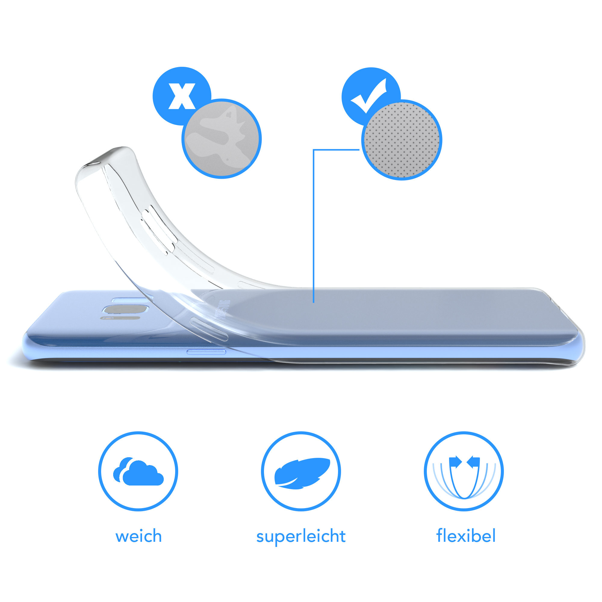 Eine transparente Handyhülle auf einem blauen Telefon mit Häkchen und X.