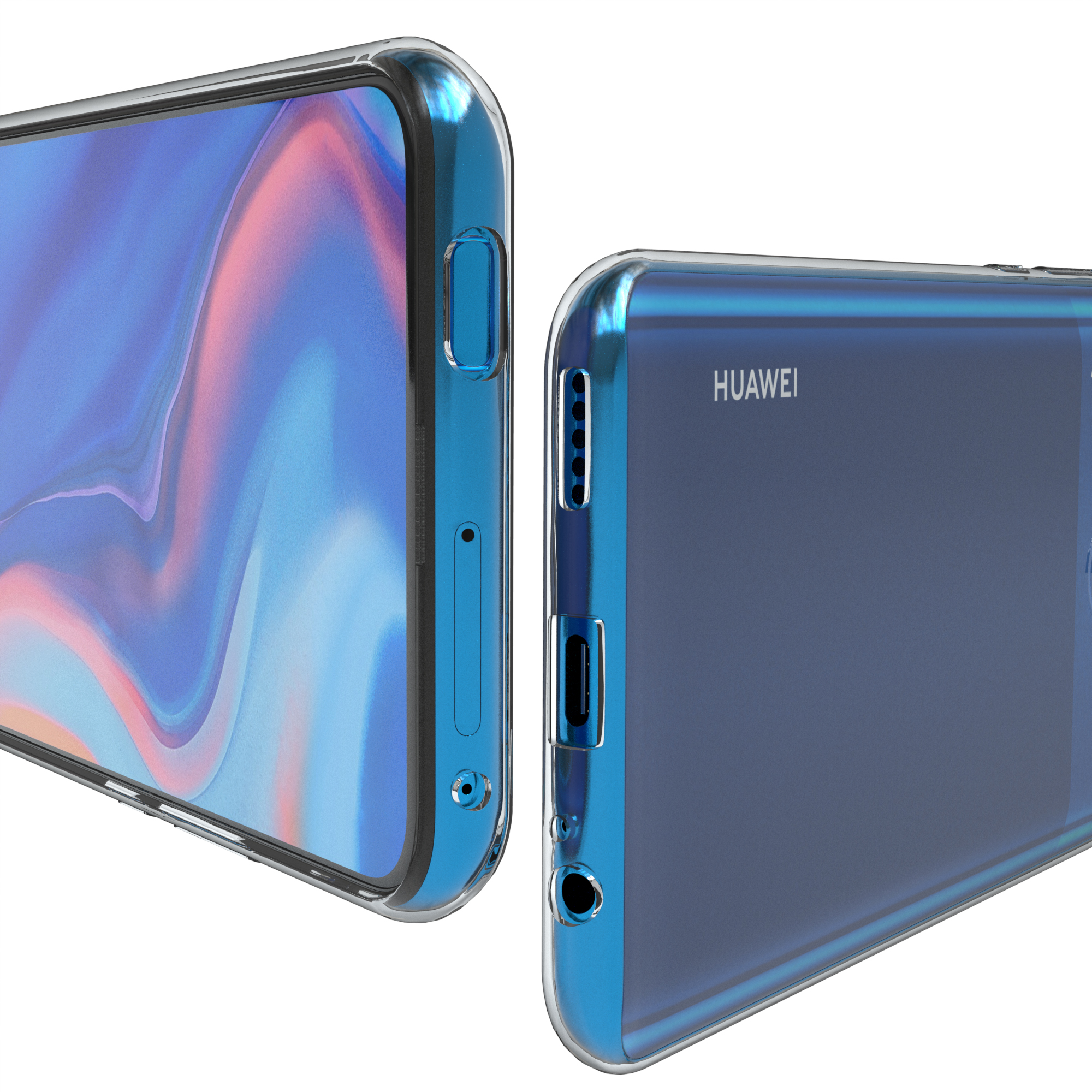 Blaues Telefon in einer durchsichtigen Hülle, Seitenansicht. Knöpfe und Anschlüsse sichtbar.