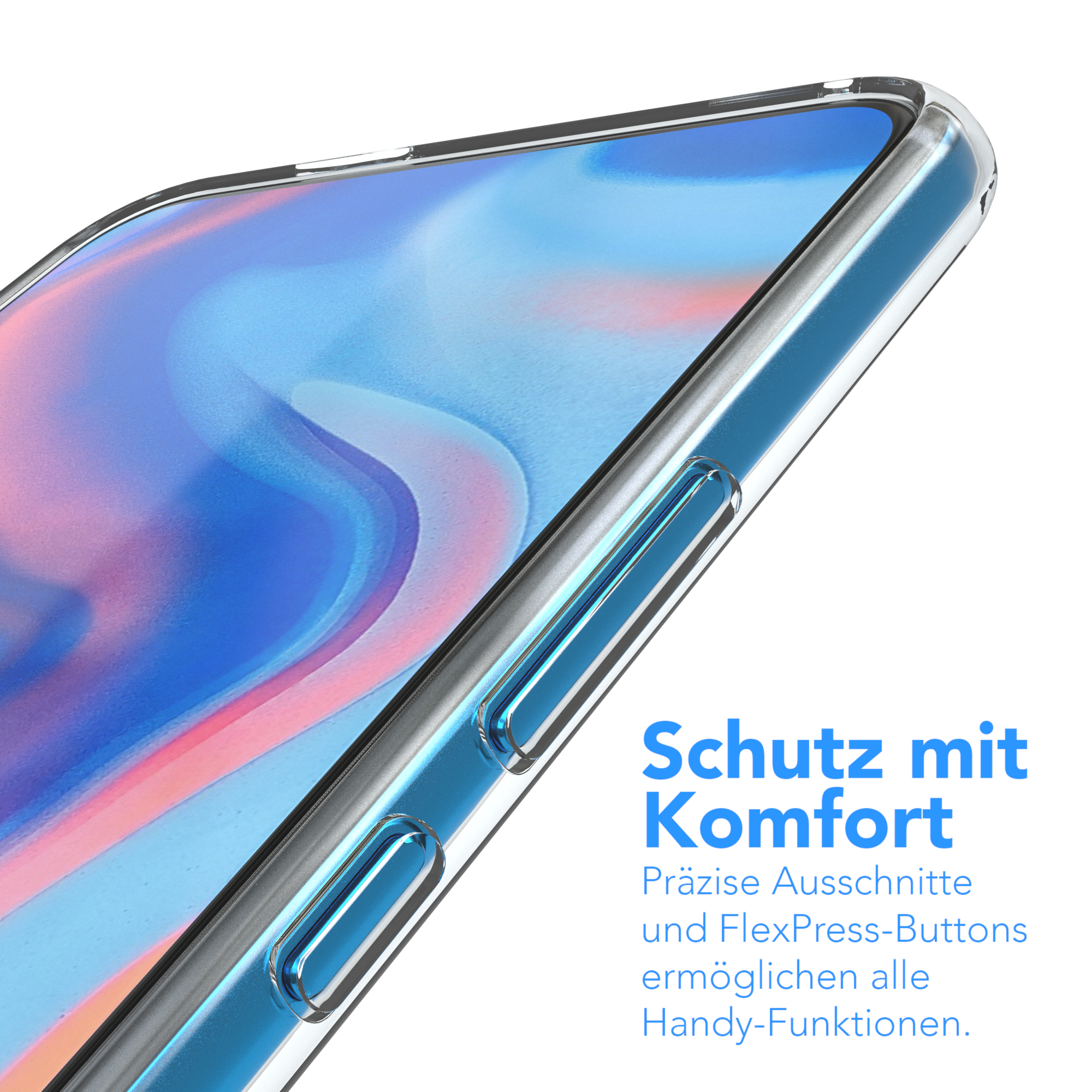 Nahaufnahme eines Telefons in einer transparenten Hülle, Betonung der Knopfausschnitte, auf Weiß.