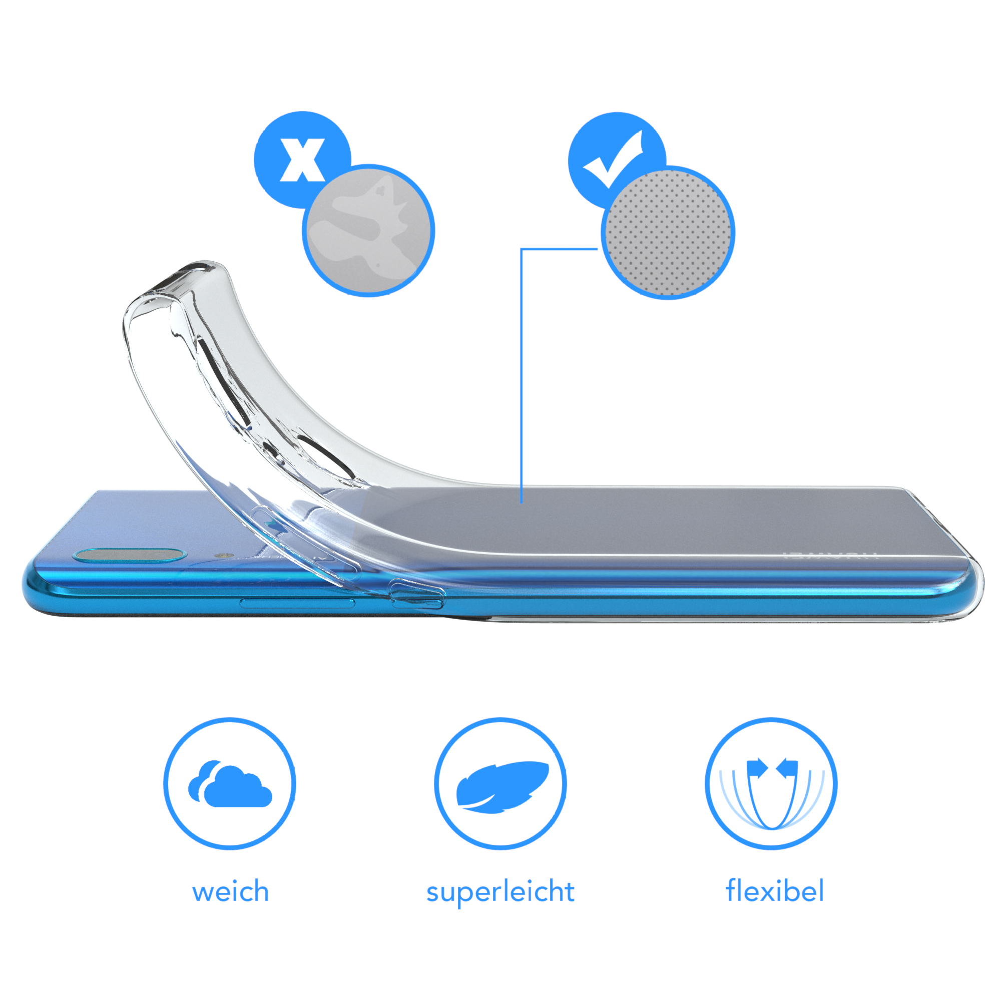 Eine durchsichtige Handyhülle auf einem blauen Telefon. Es gibt Text, der weich, leicht und flexibel anzeigt.