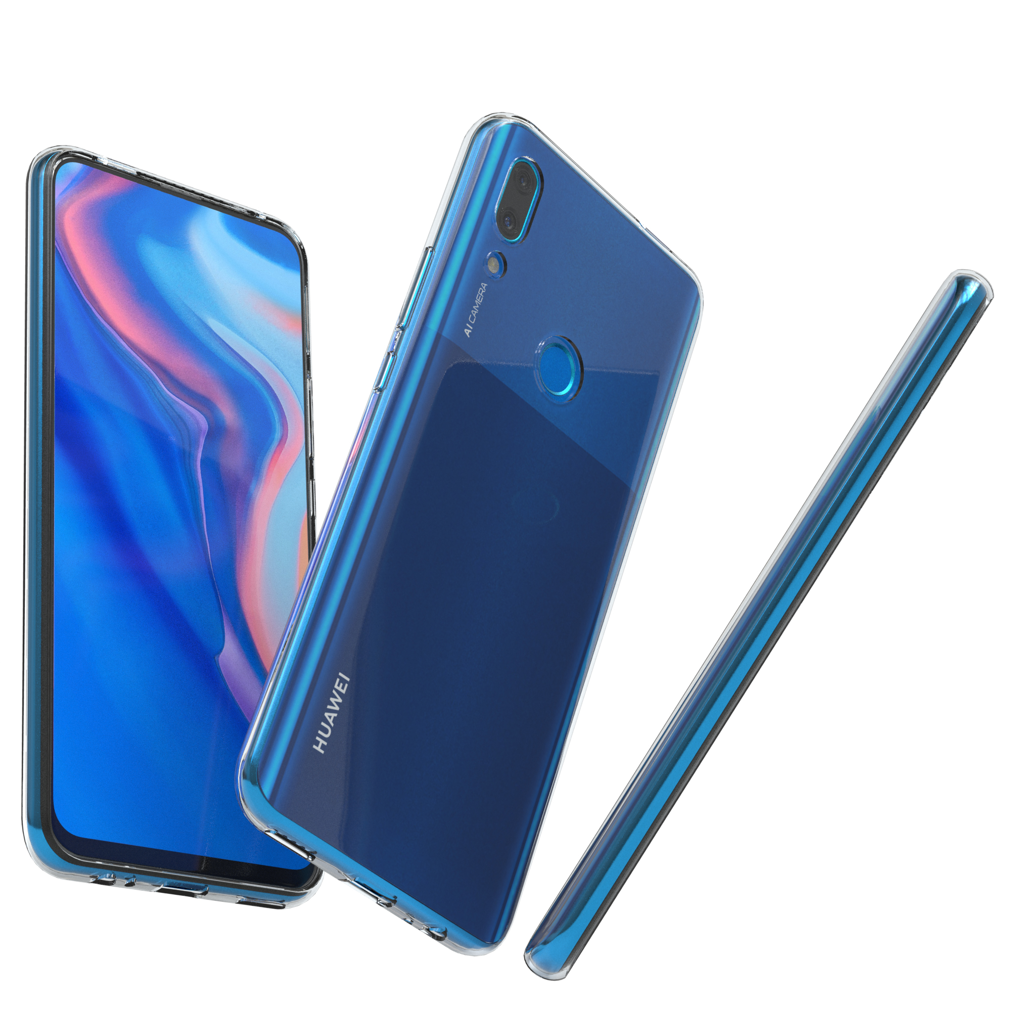 Eine Handyhülle mit einem Telefon darin, mit dem Huawei-Logo.