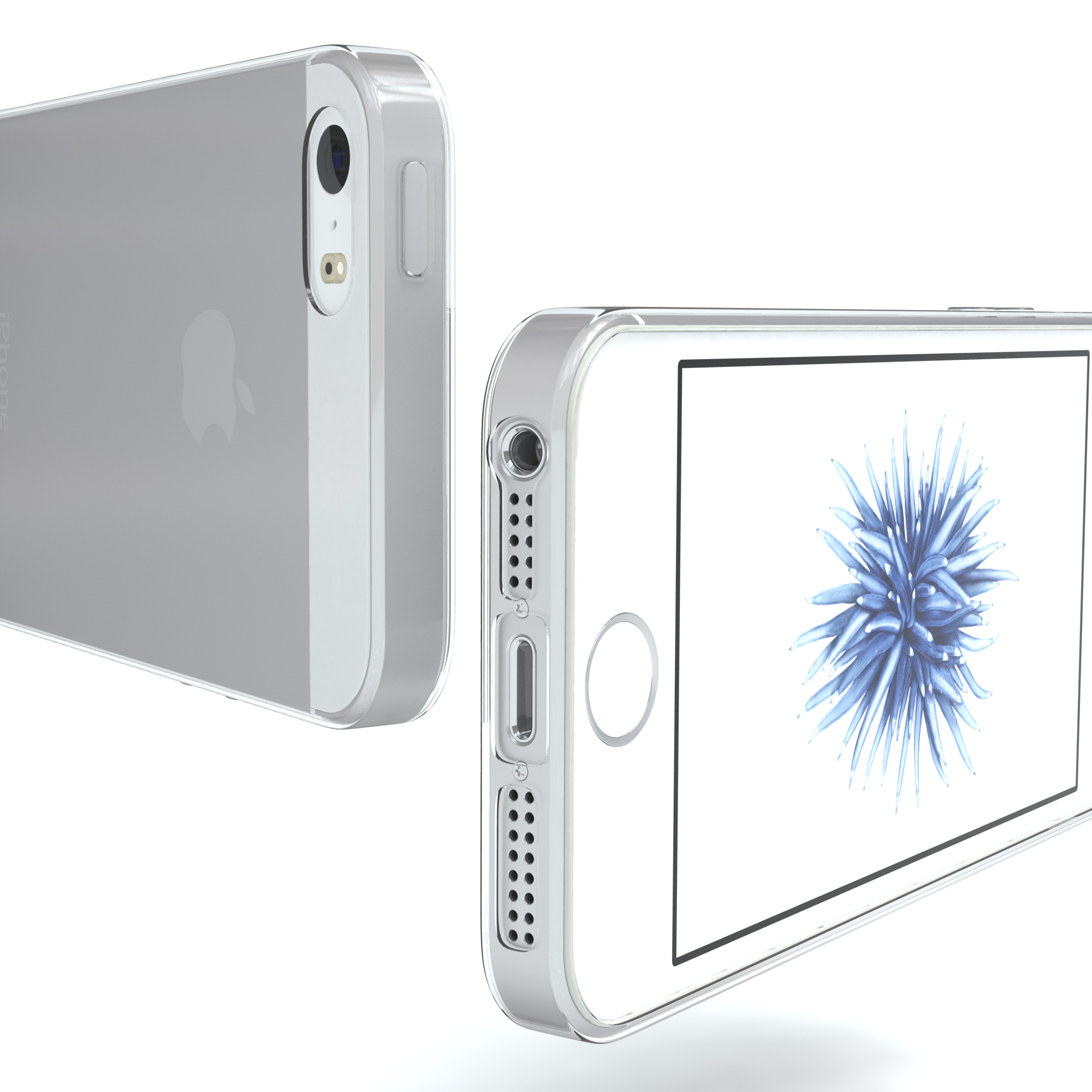 Zwei Ansichten eines iPhones in einer transparenten Hülle.