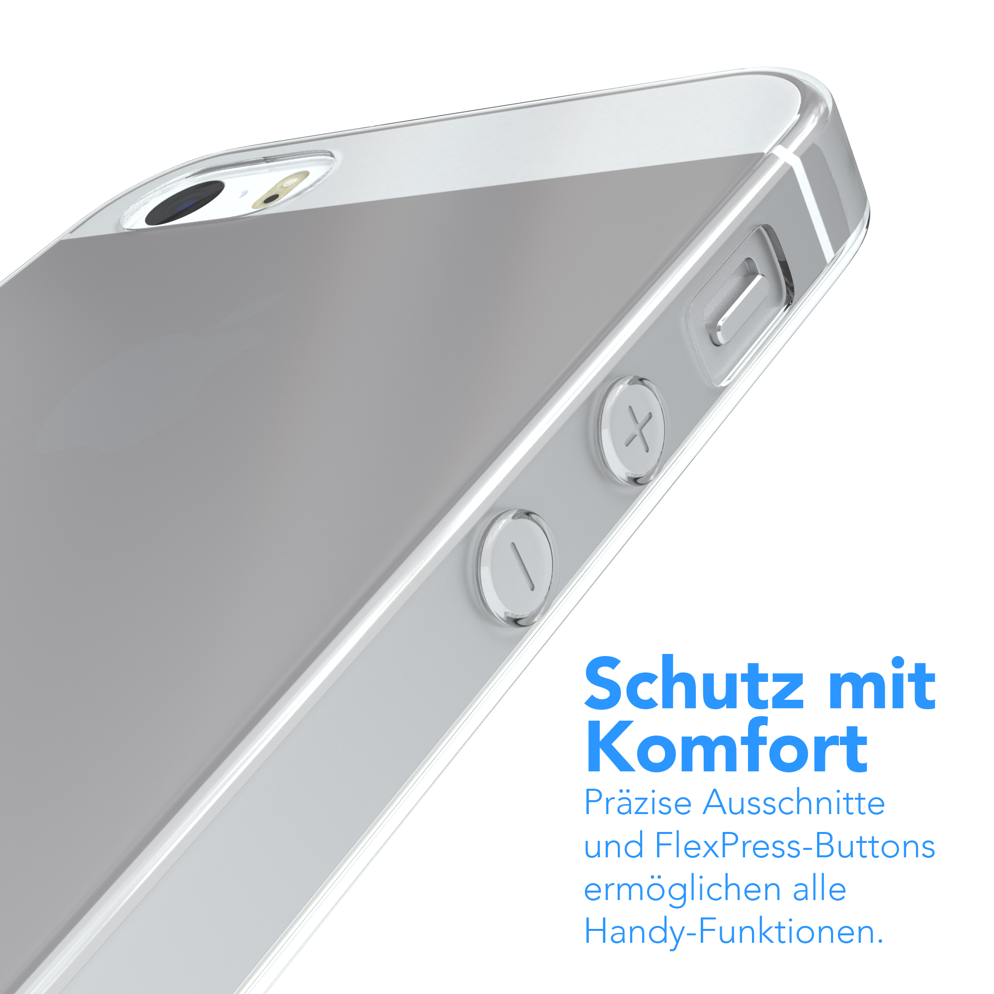 Nahaufnahme eines Telefons in silberner Hülle mit „X“ und „O“ Knöpfen auf weißem Untergrund.