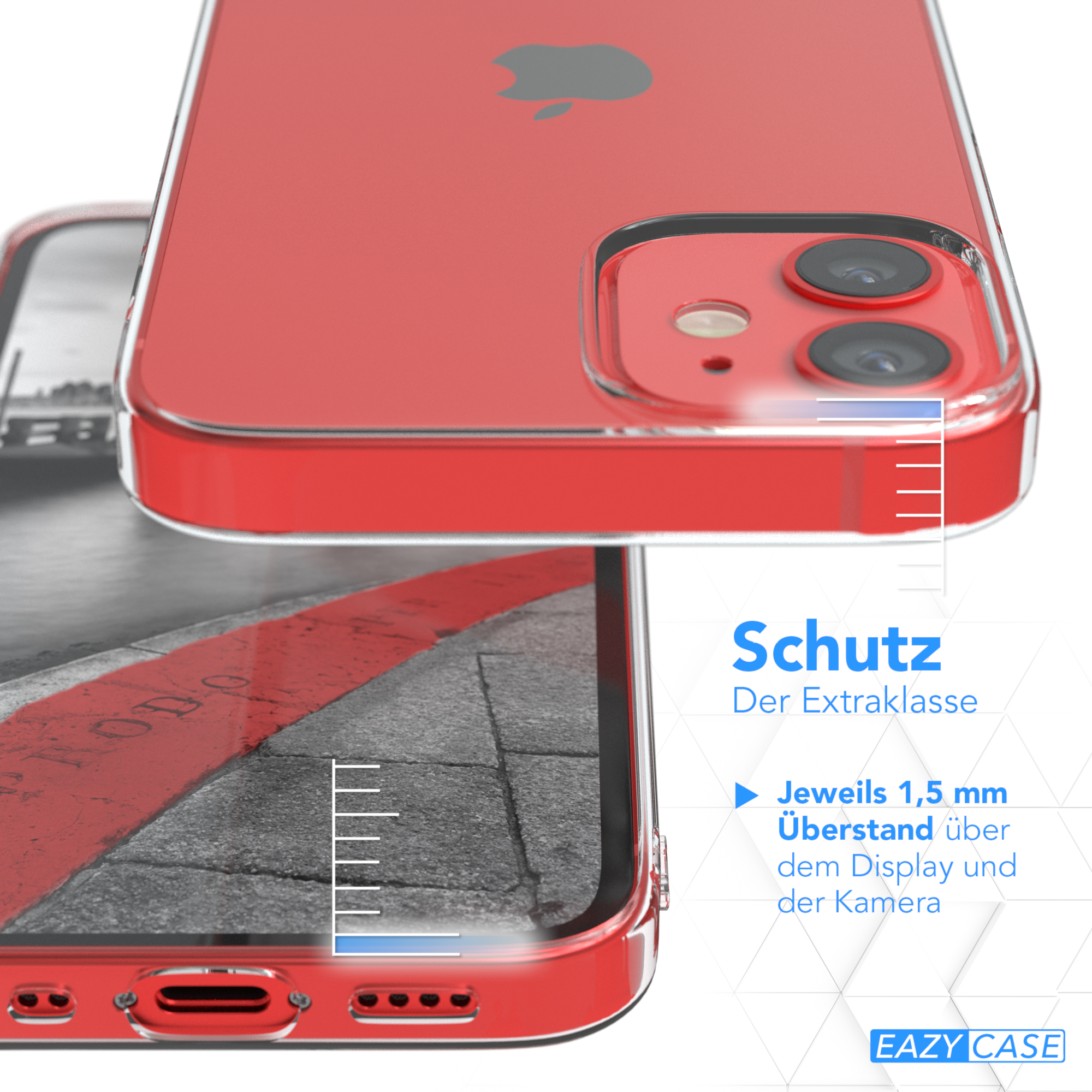 Ein rotes iPhone in einer durchsichtigen Hülle. Text weist auf zusätzlichen Display- und Kameraschutz hin.