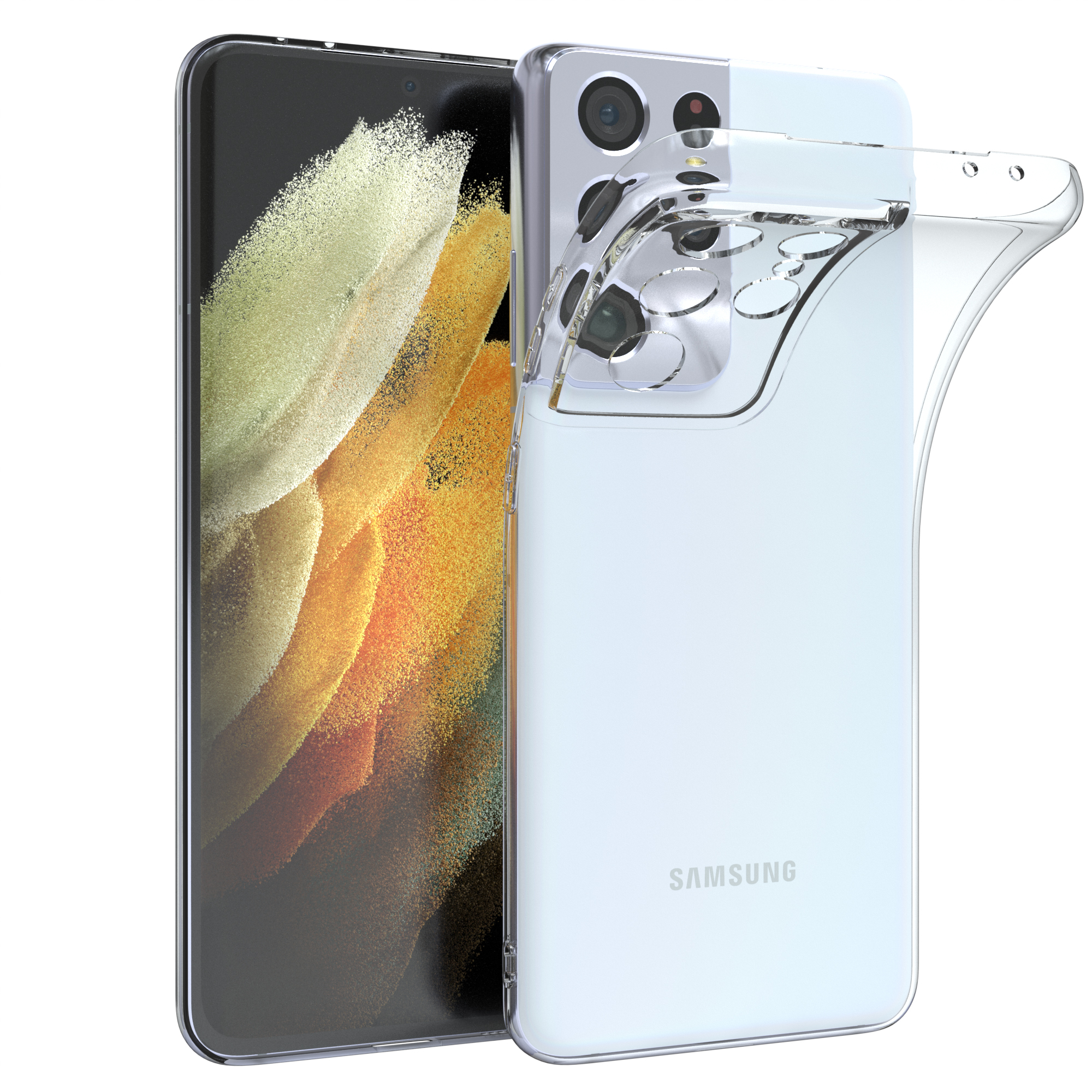 Ein weißes Samsung-Telefon mit einer durchsichtigen Hülle, mit klarem Hintergrund und Kameraausschnitten.