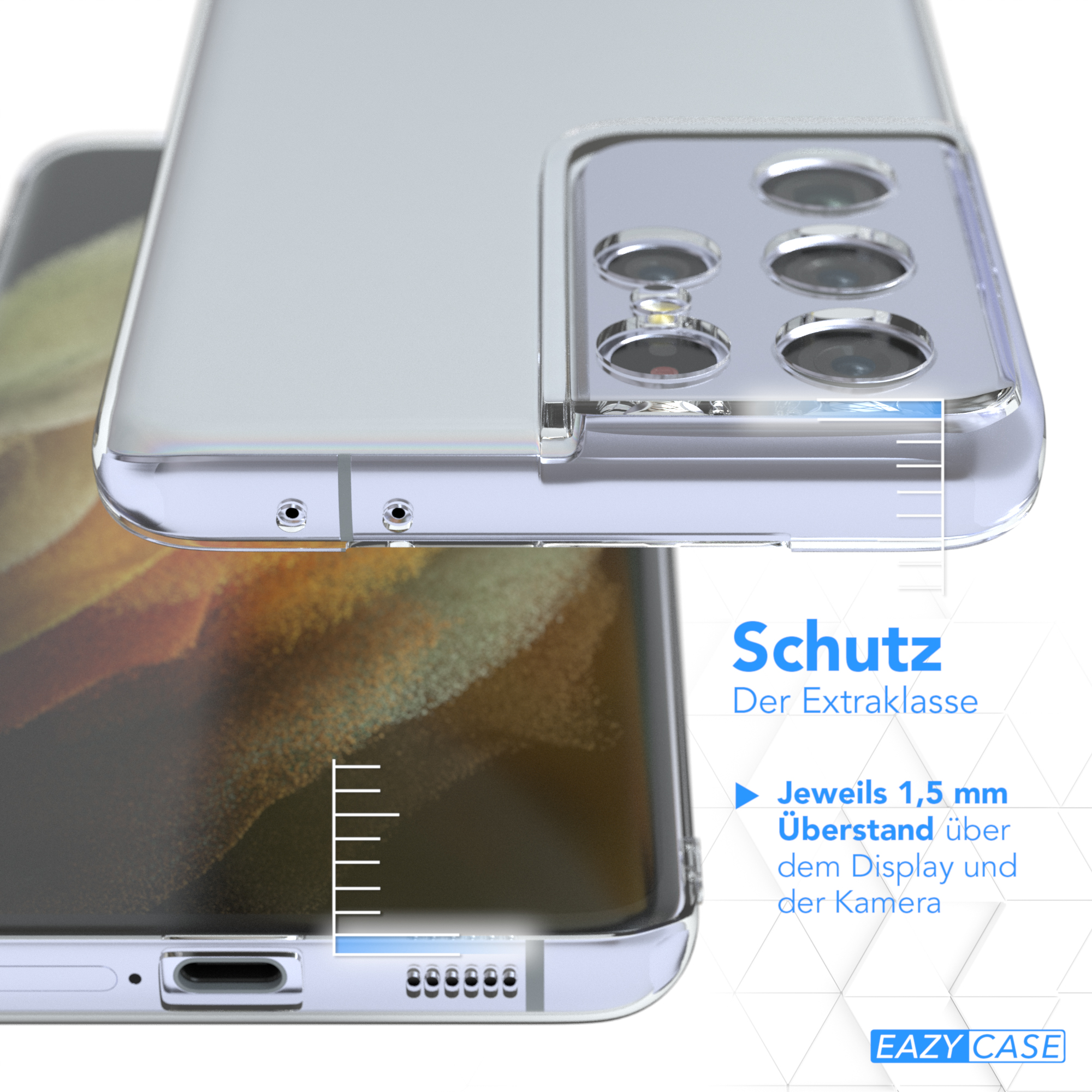 Transparente Handyhülle auf einem Telefon. Etiketten erwähnen 'Schutz' und 'EAZY CASE'.