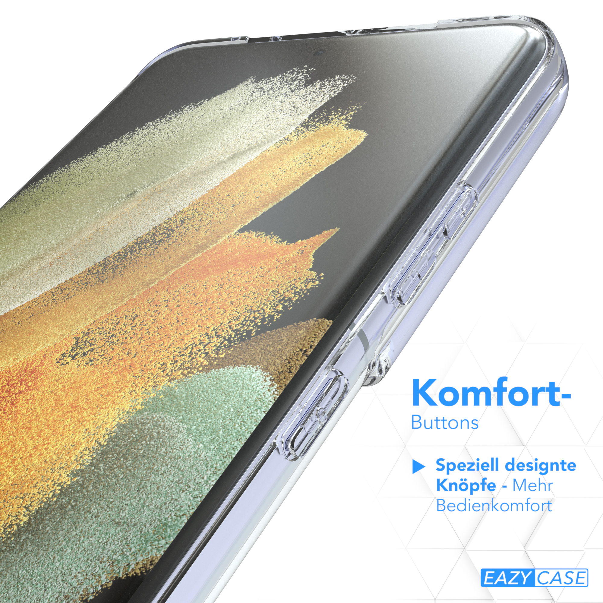 Telefon mit klarer Hülle, Betonung des Tasten-Designs, auf weißem Hintergrund.