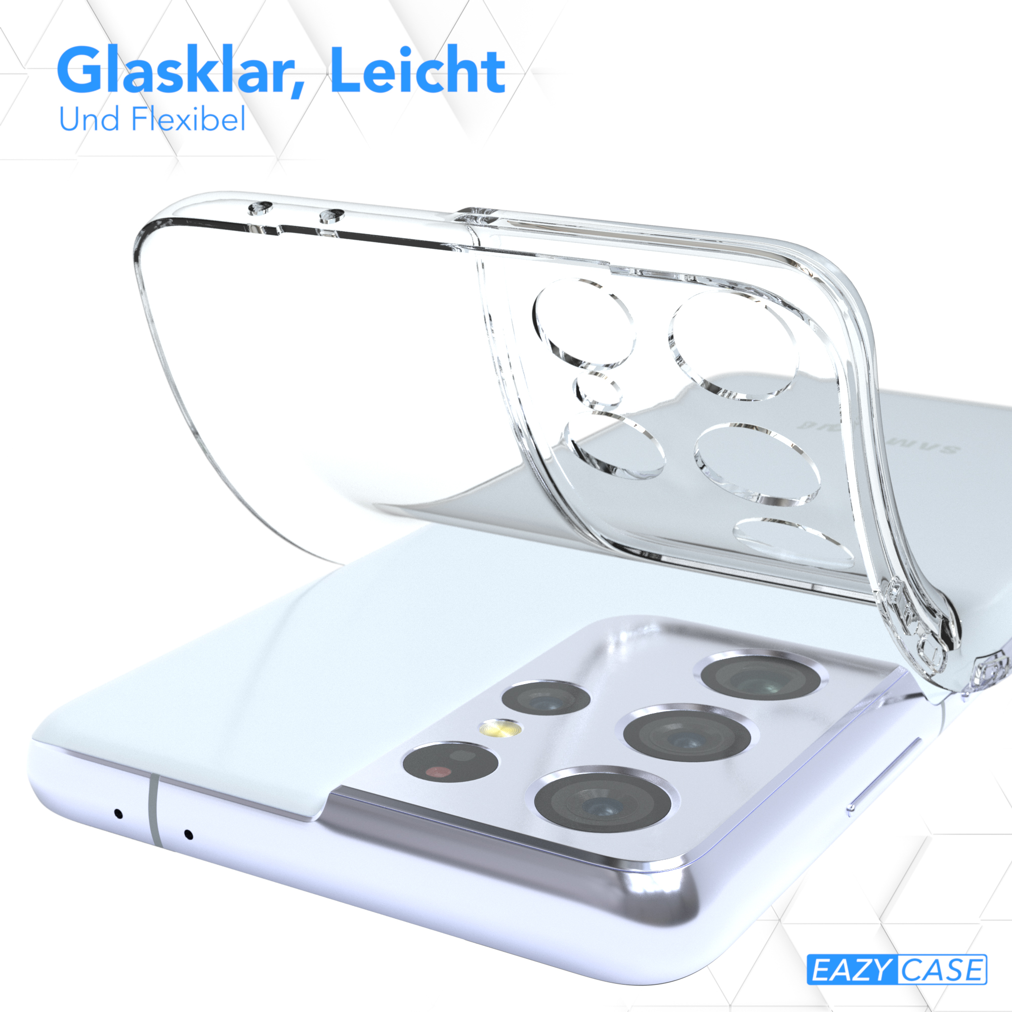 Transparente Handyhülle über einem weißen Telefon. Die Hülle ist leicht geöffnet.