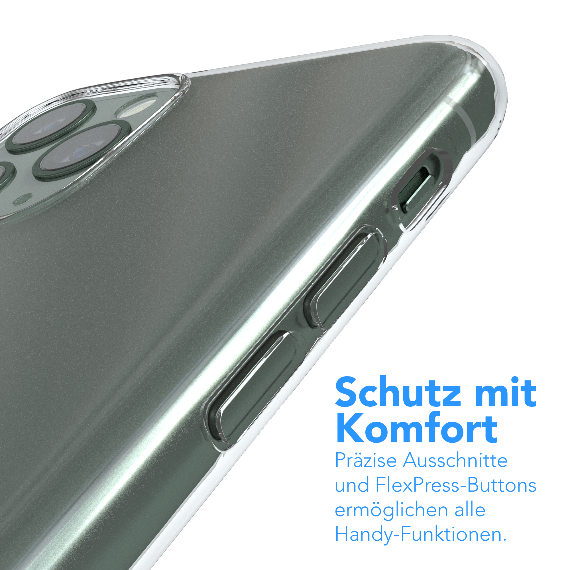 Nahaufnahme eines Telefons in einer durchsichtigen Hülle. Text: Schutz mit Komfort.