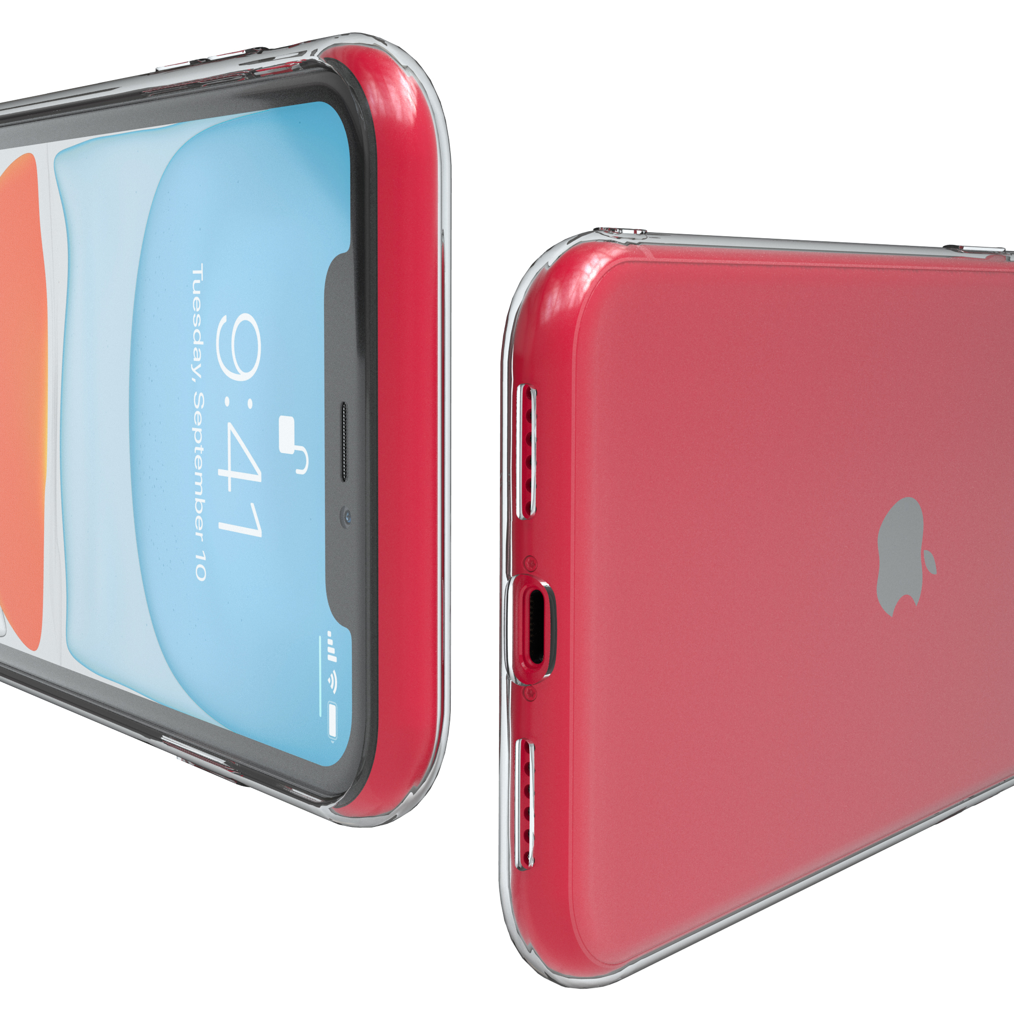 iPhone mit roter Hülle. Die Hülle ist transparent und zeigt den Bildschirm des Telefons. Apple-Logo sichtbar.