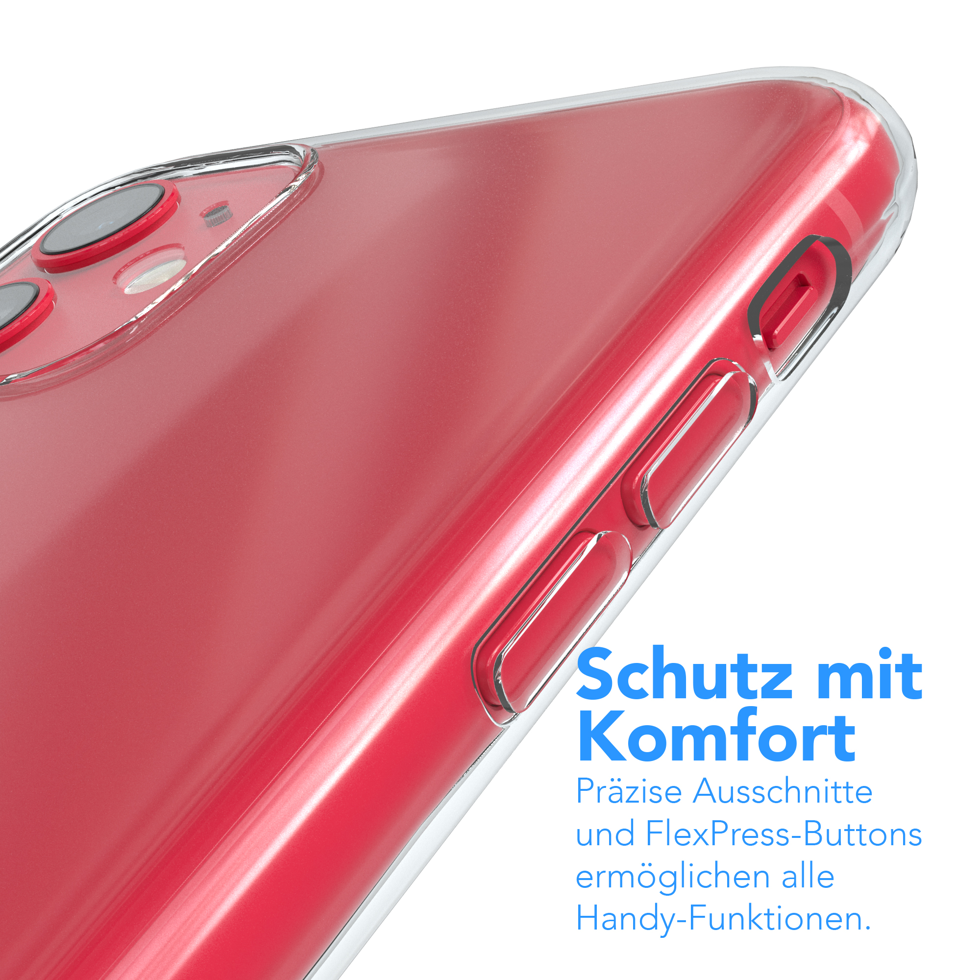 Eine Handyhülle mit rotem Telefon. Text darauf: Schutz mit Komfort.