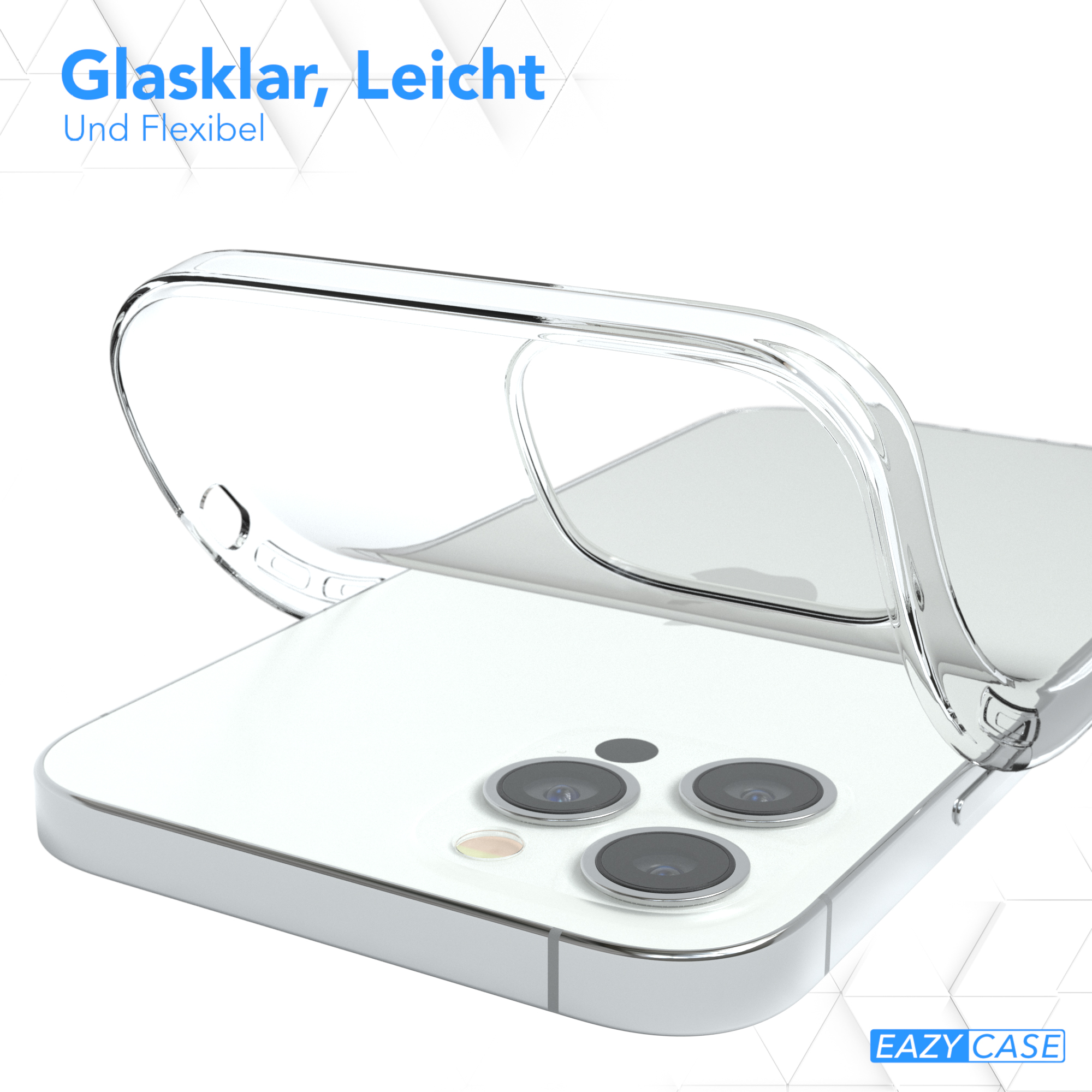 Transparente Handyhülle auf einem weißen Telefon. Die Hülle ist transparent, zeigt die Rückseite des Telefons.